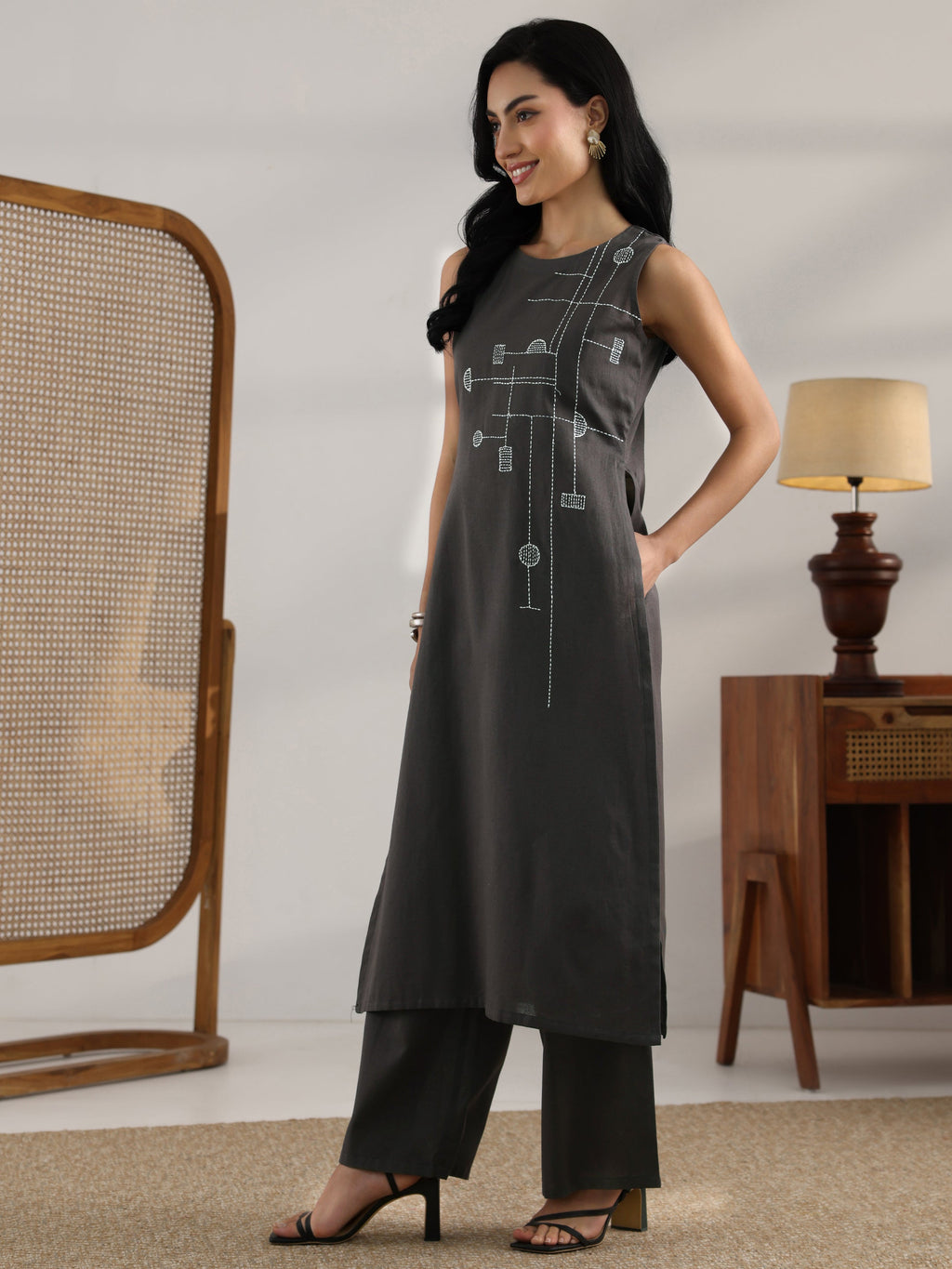 Grey Embroidered Cotton Straight Kurta Set