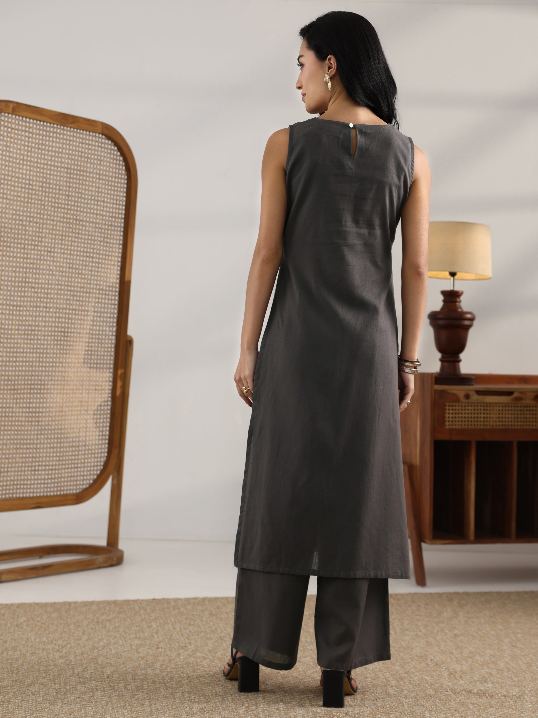 Grey Embroidered Cotton Straight Kurta Set