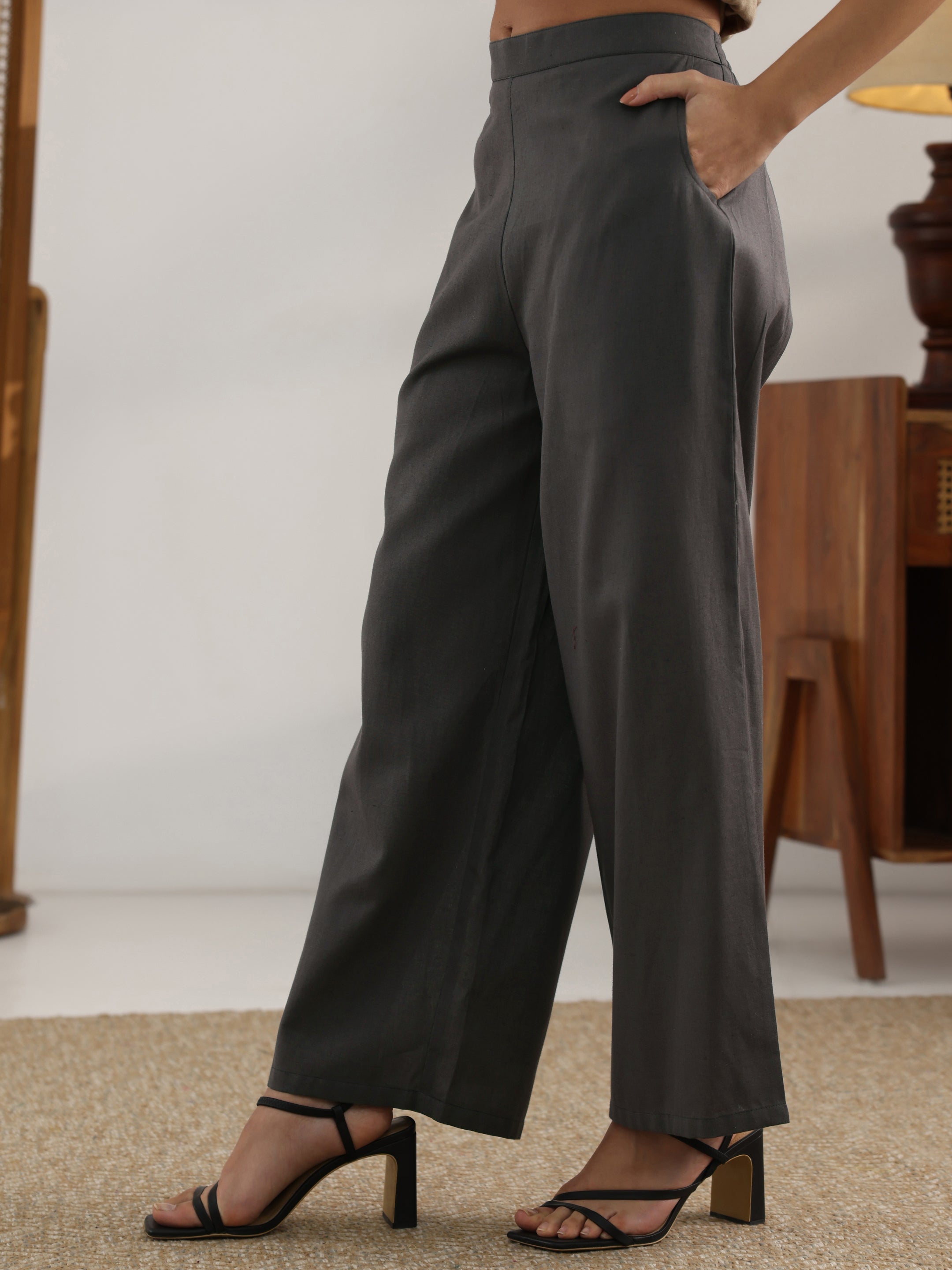 Grey Embroidered Cotton Straight Kurta Set