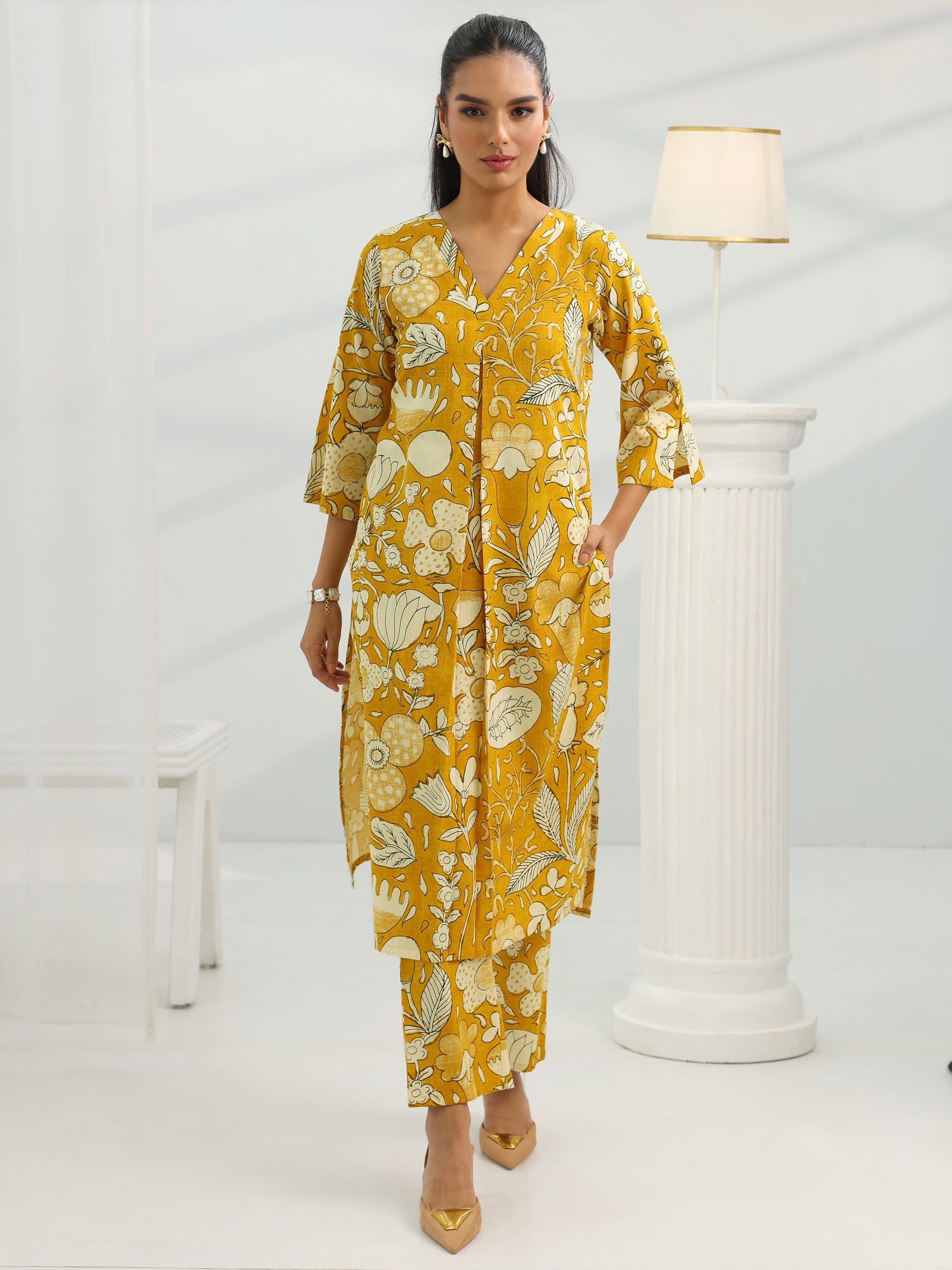 Mustard Printed Cotton Straight Kurta Set