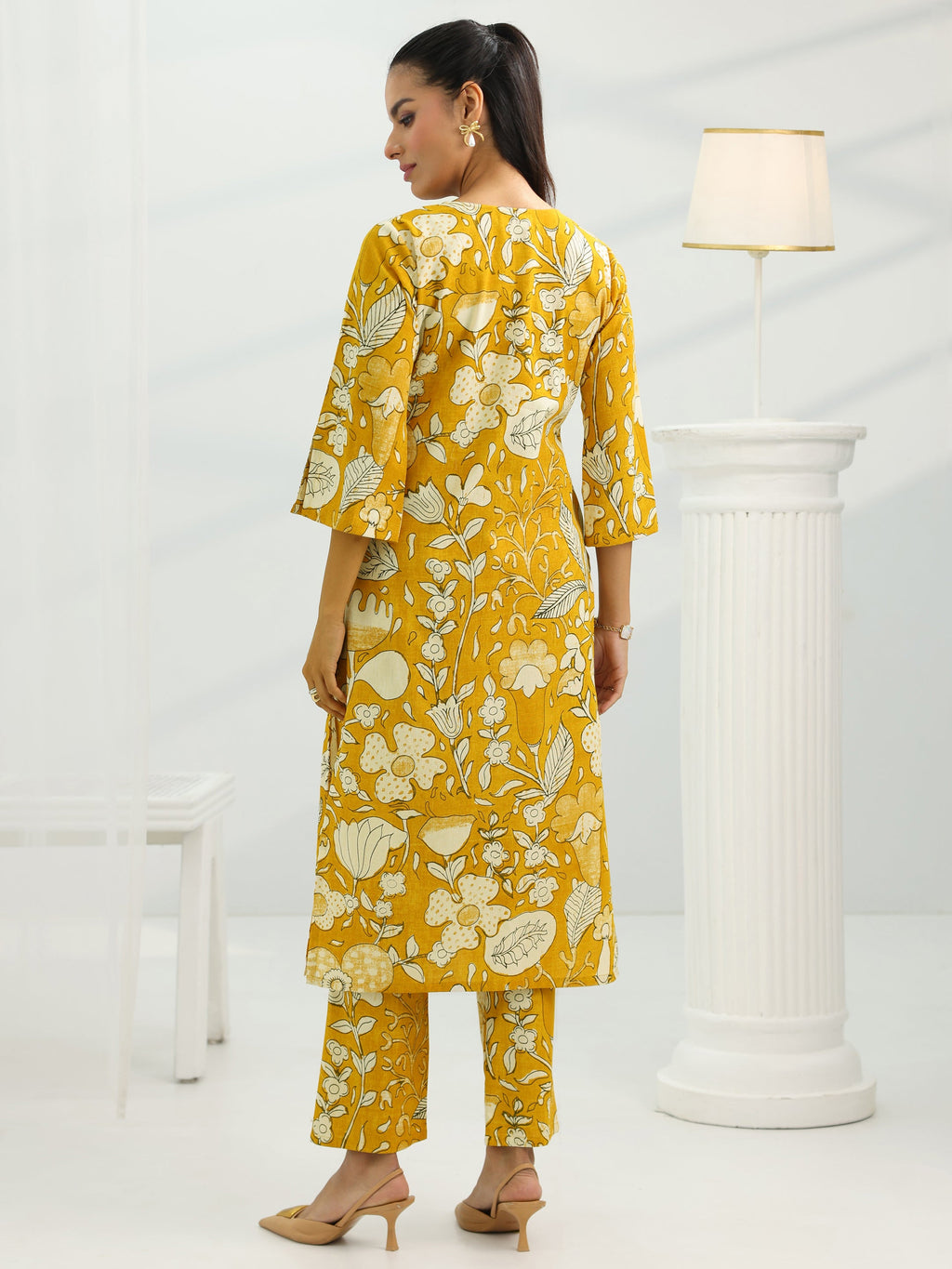 Mustard Printed Cotton Straight Kurta Set