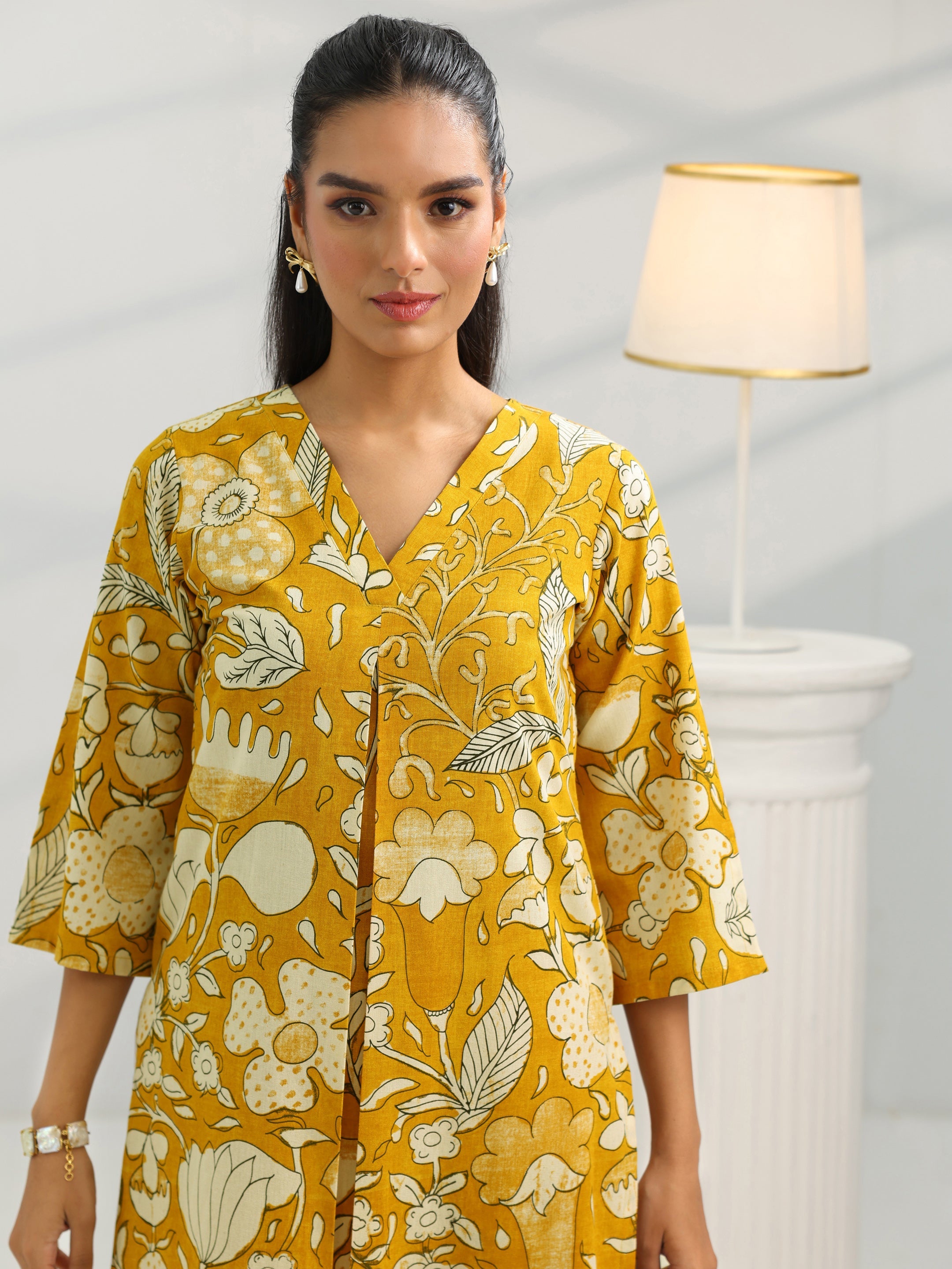 Mustard Printed Cotton Straight Kurta Set