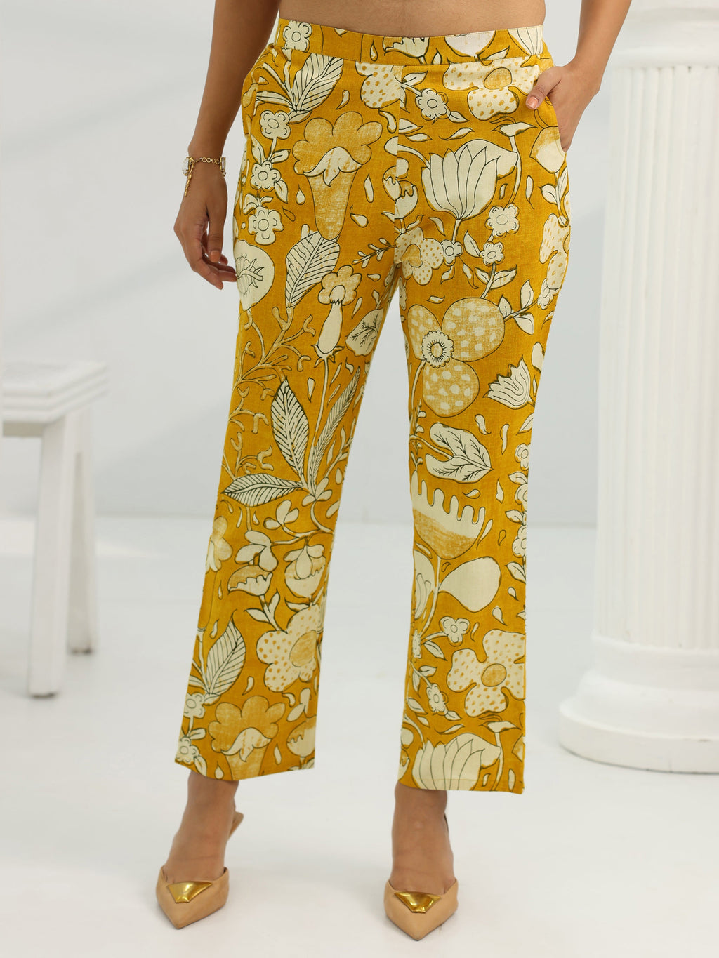 Mustard Printed Cotton Straight Kurta Set