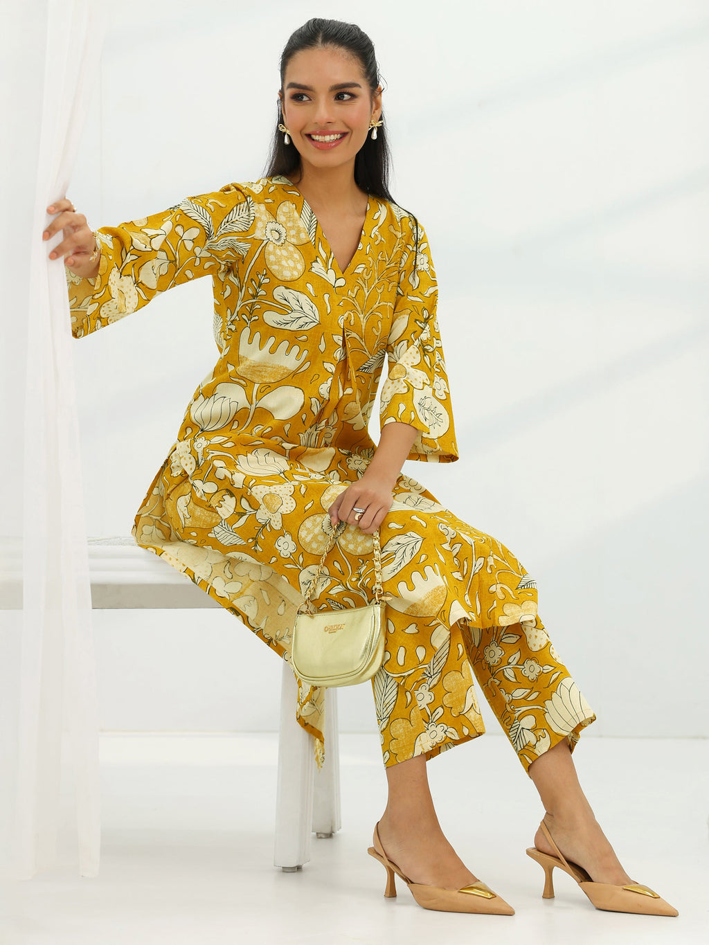 Mustard Printed Cotton Straight Kurta Set