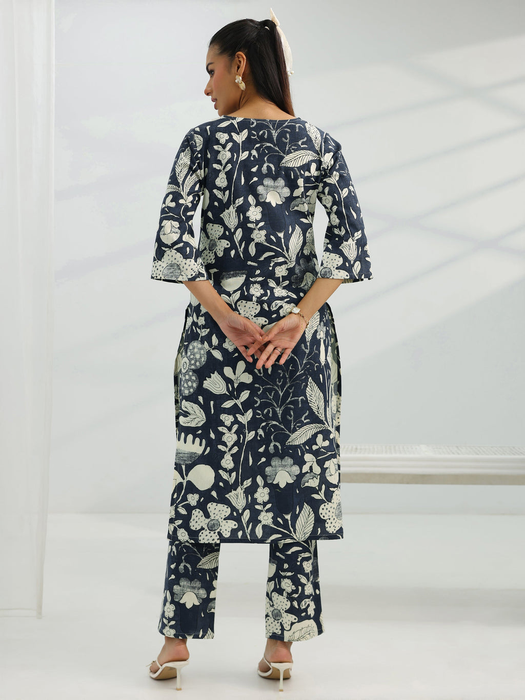 Grey Printed Cotton Straight Kurta Set