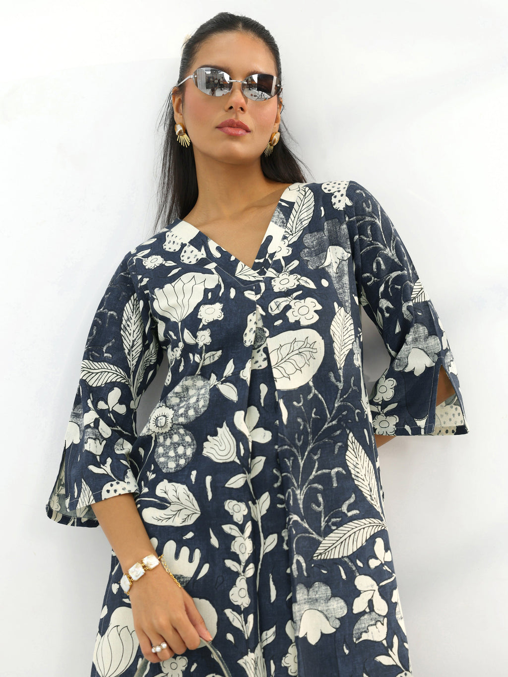 Grey Printed Cotton Straight Kurta Set