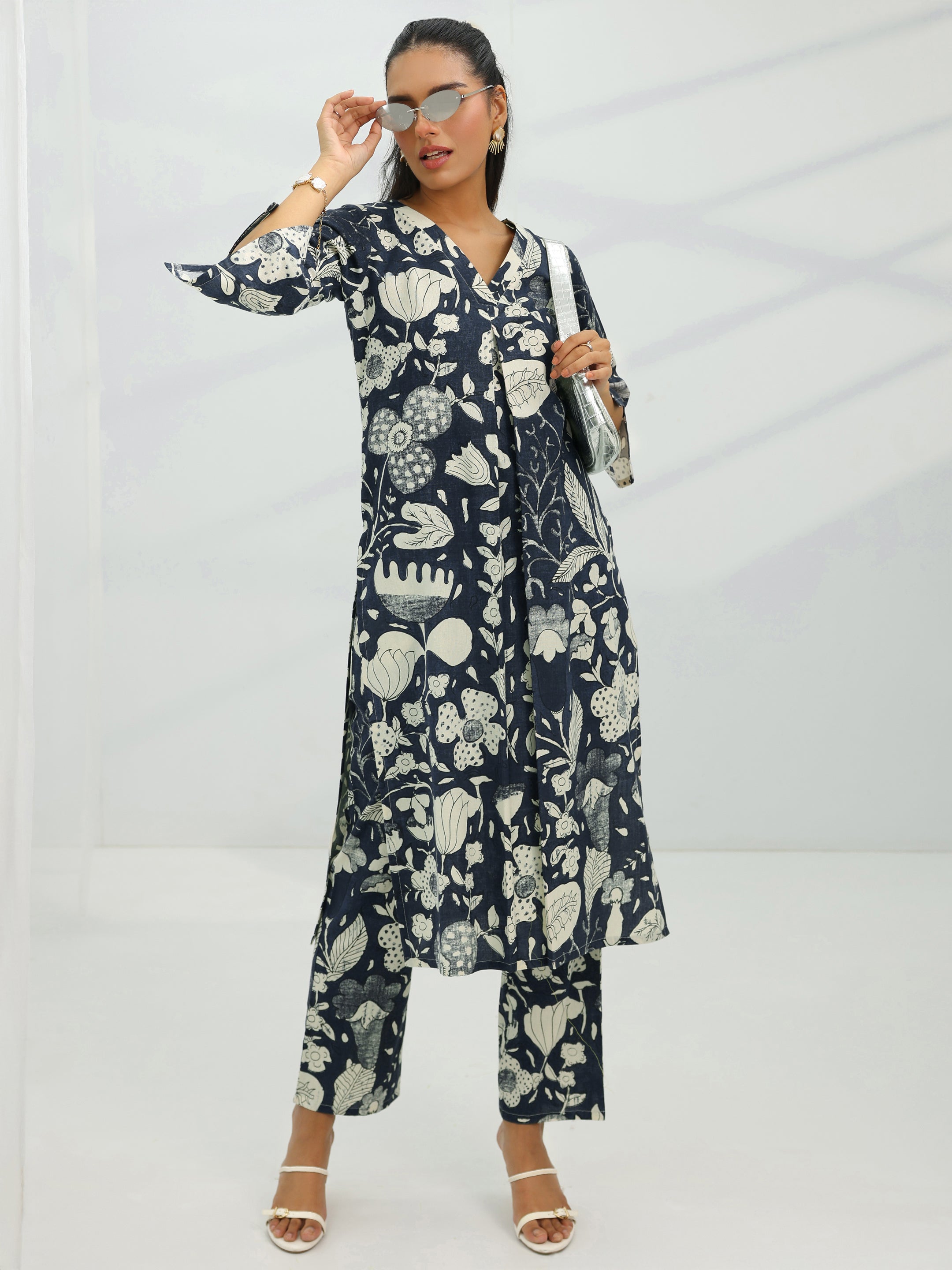 Grey Printed Cotton Straight Kurta Set