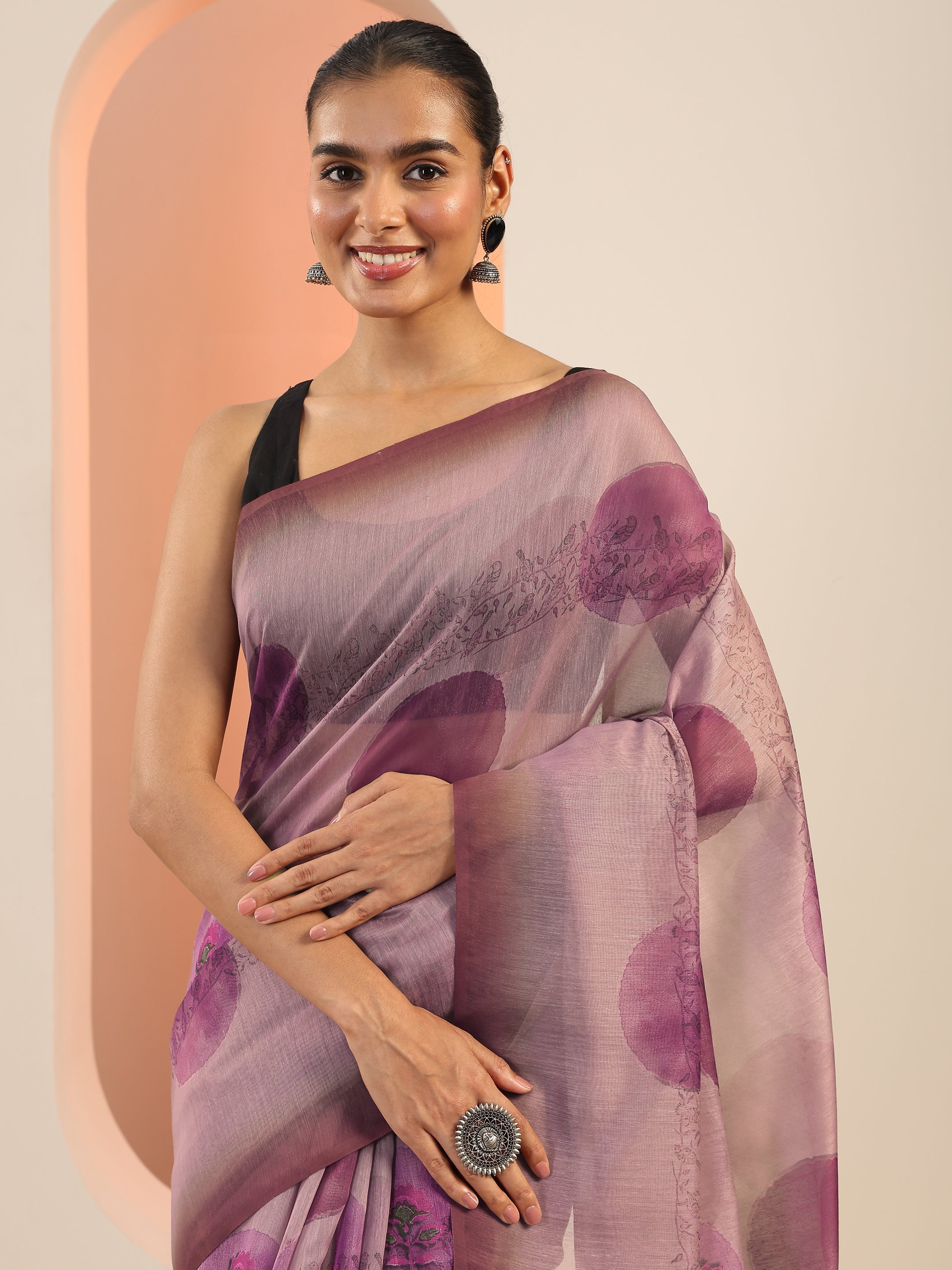 Mauve Printed Silk Saree With Unstitched Blouse Piece