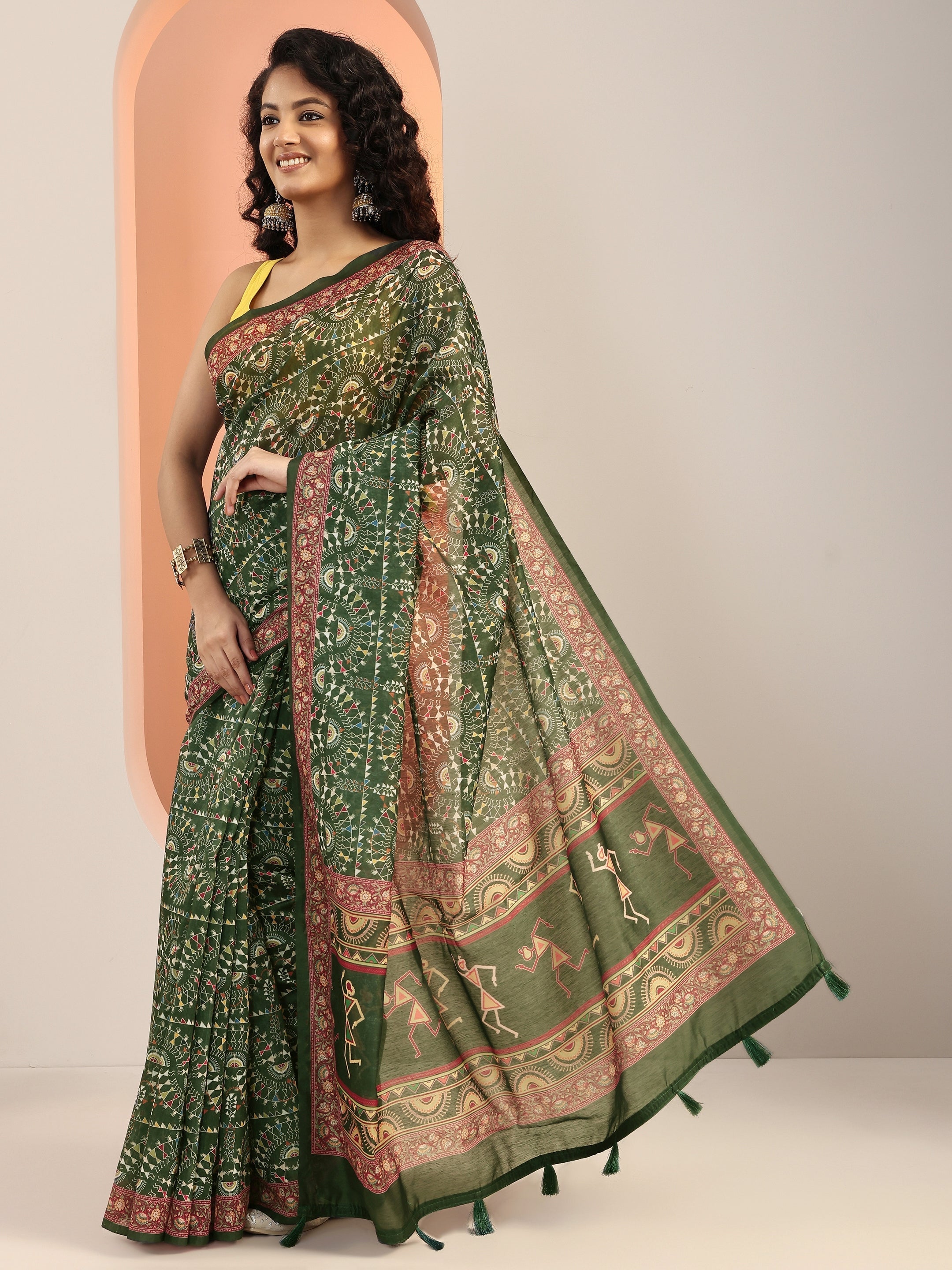 Green Printed Silk Blend Saree With Unstitched Blouse Piece