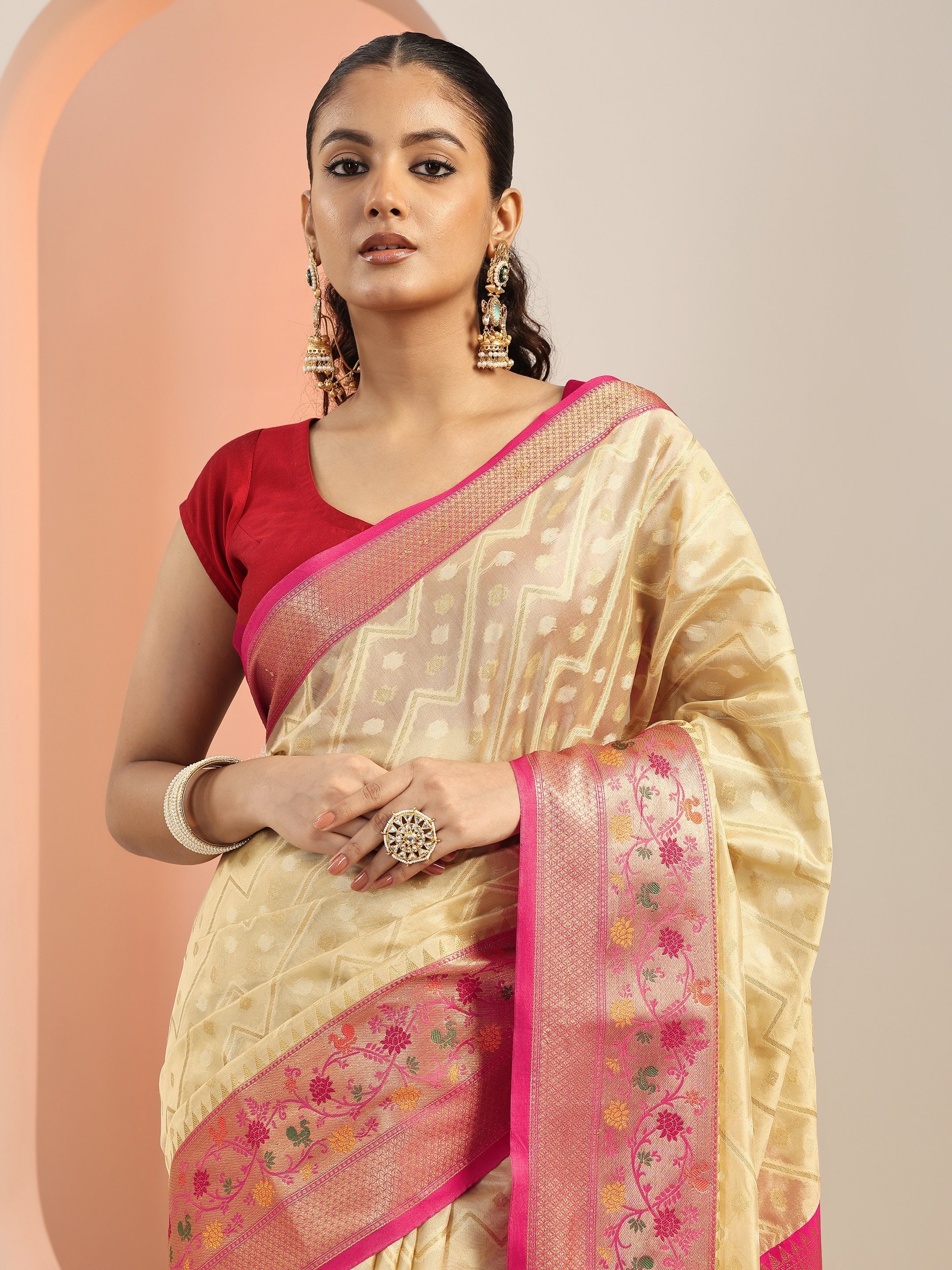 Beige Woven Silk Blend Saree With Unstitched Blouse Piece