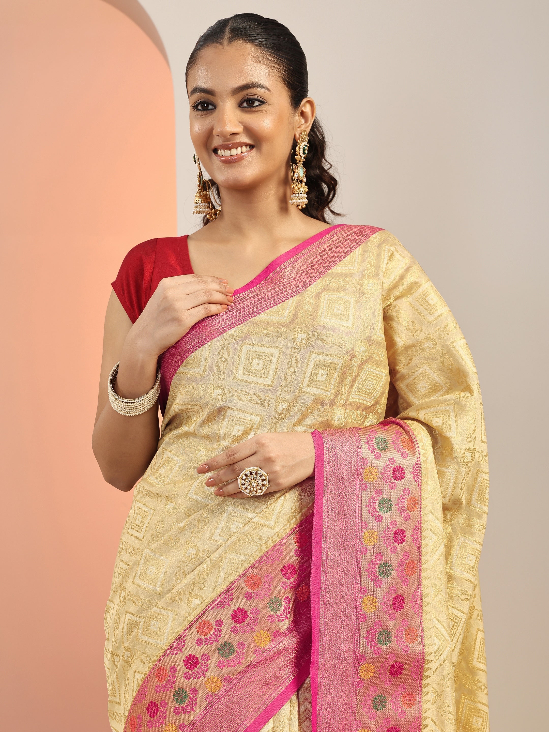 Beige Woven Silk Blend Saree With Unstitched Blouse Piece