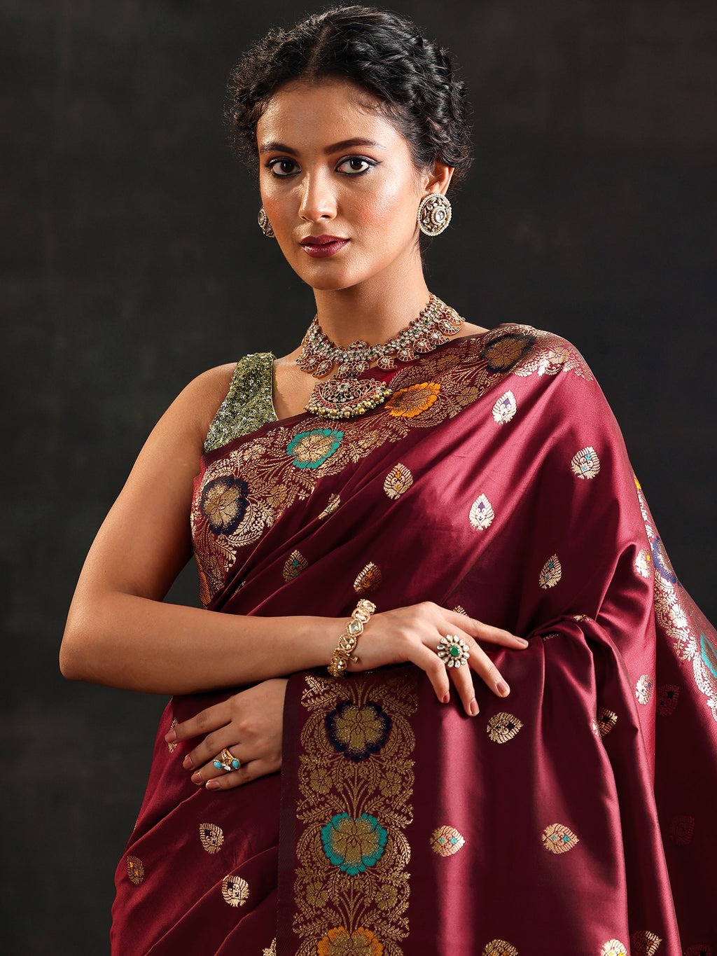 Maroon Woven Design Silk Blend Saree With Unstitched Blouse Piece