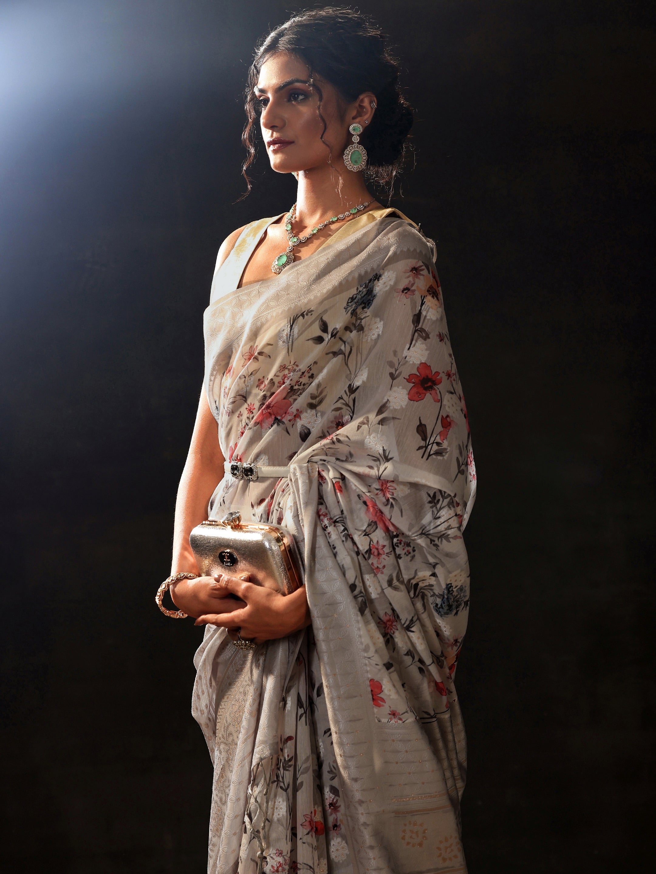 Grey Printed Chanderi Saree With Unstitched Blouse Piece
