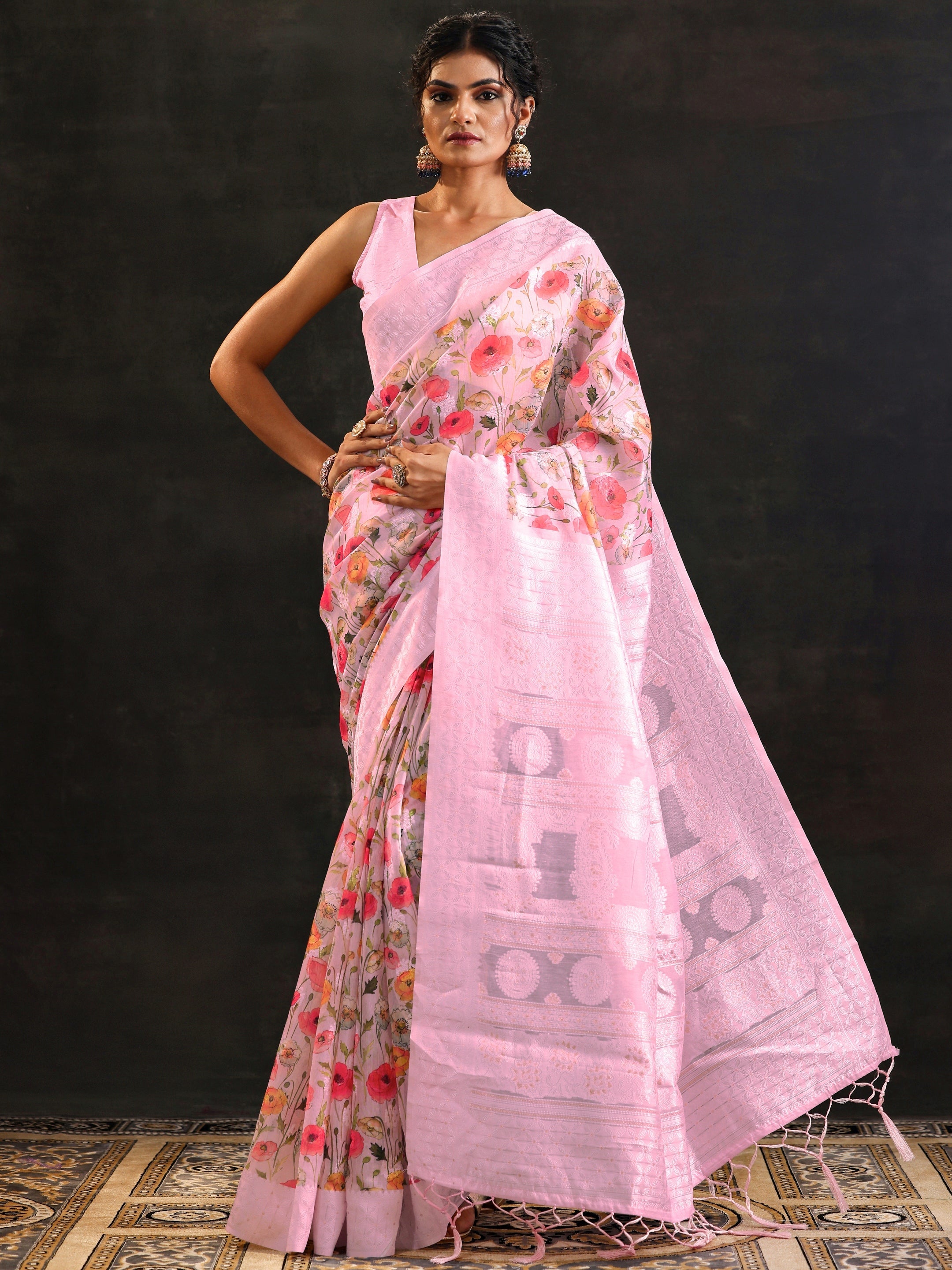 Pink Printed Chanderi Saree With Unstitched Blouse Piece