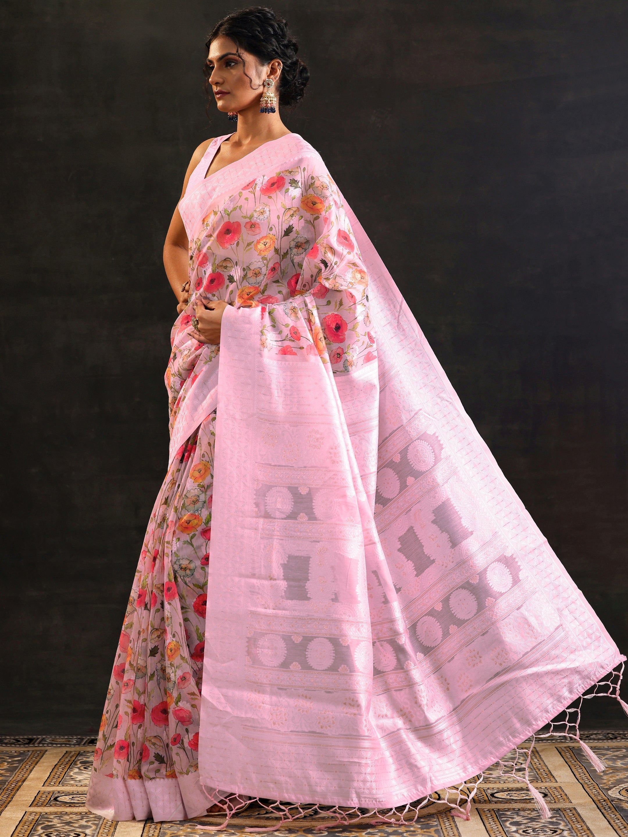 Pink Printed Chanderi Saree With Unstitched Blouse Piece