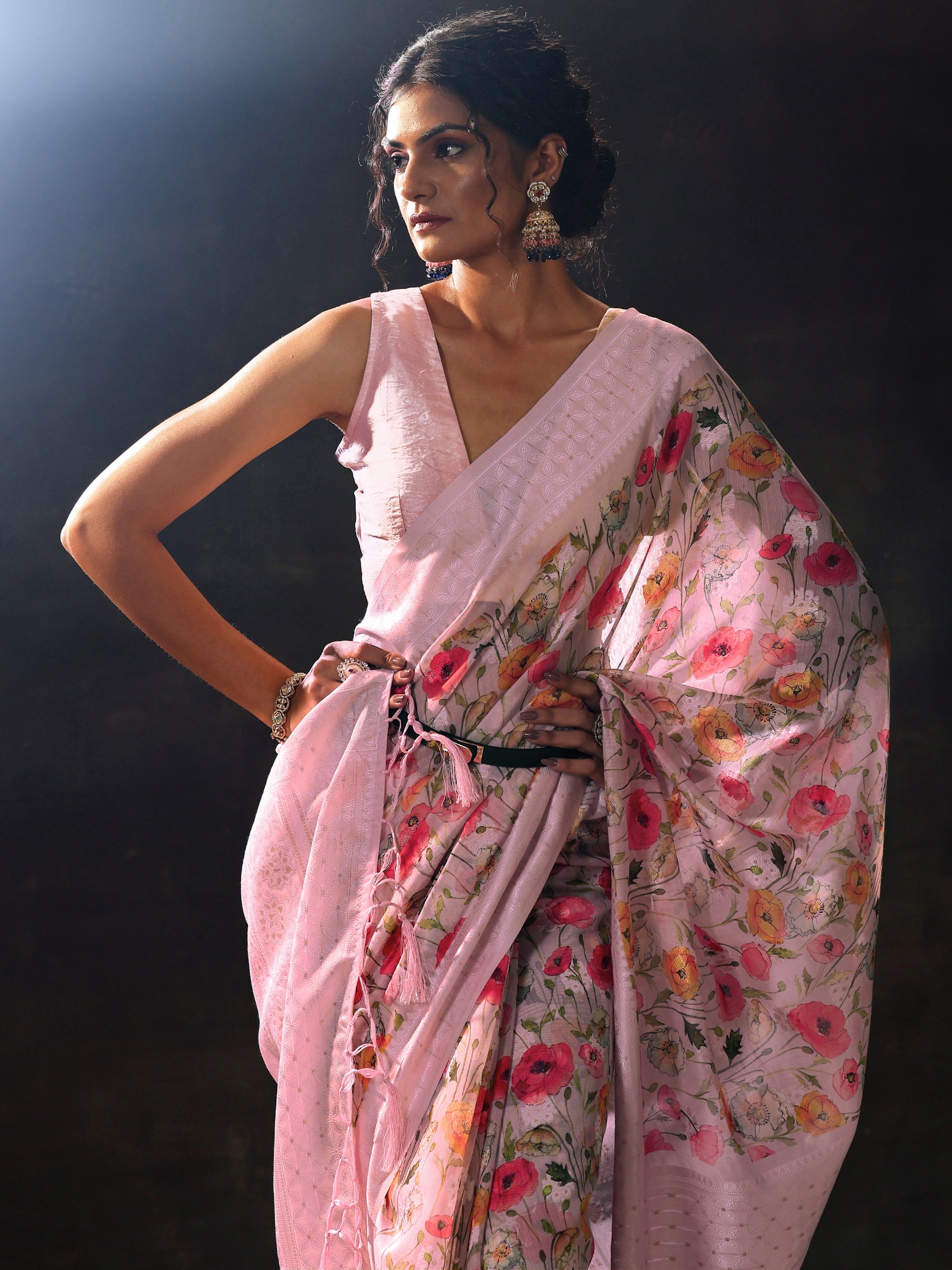 Pink Printed Chanderi Saree With Unstitched Blouse Piece