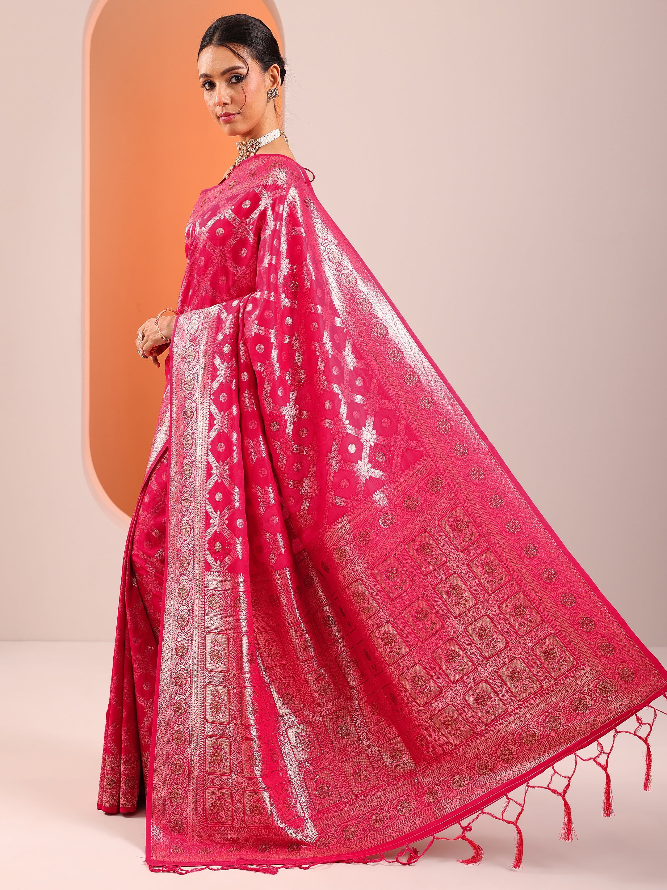Pink Woven Design Silk Blend Sarees With Unstitched Blouse Piece