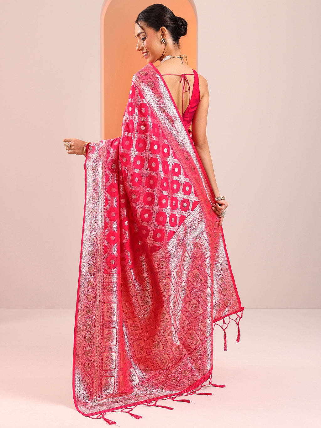 Pink Woven Design Silk Blend Sarees With Unstitched Blouse Piece