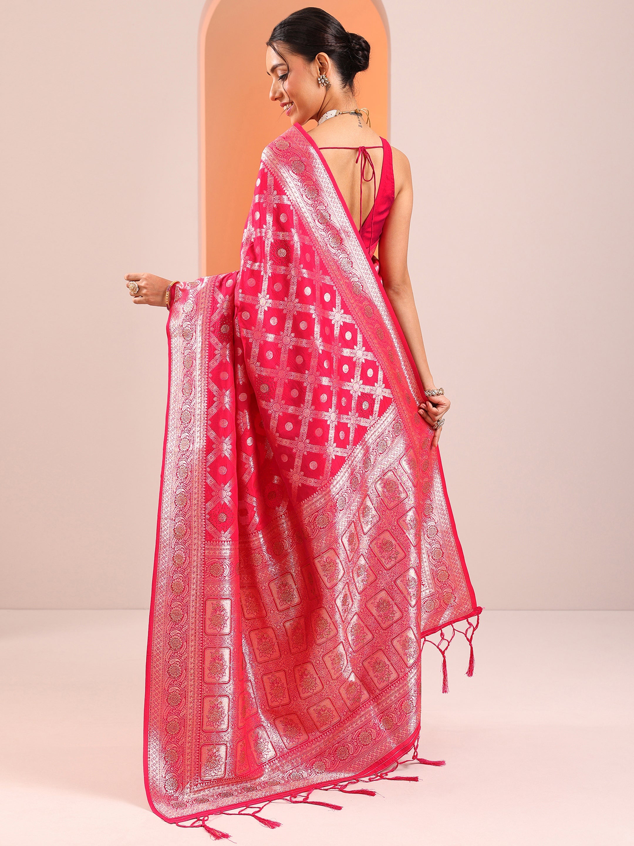 Pink Woven Design Silk Blend Sarees With Unstitched Blouse Piece