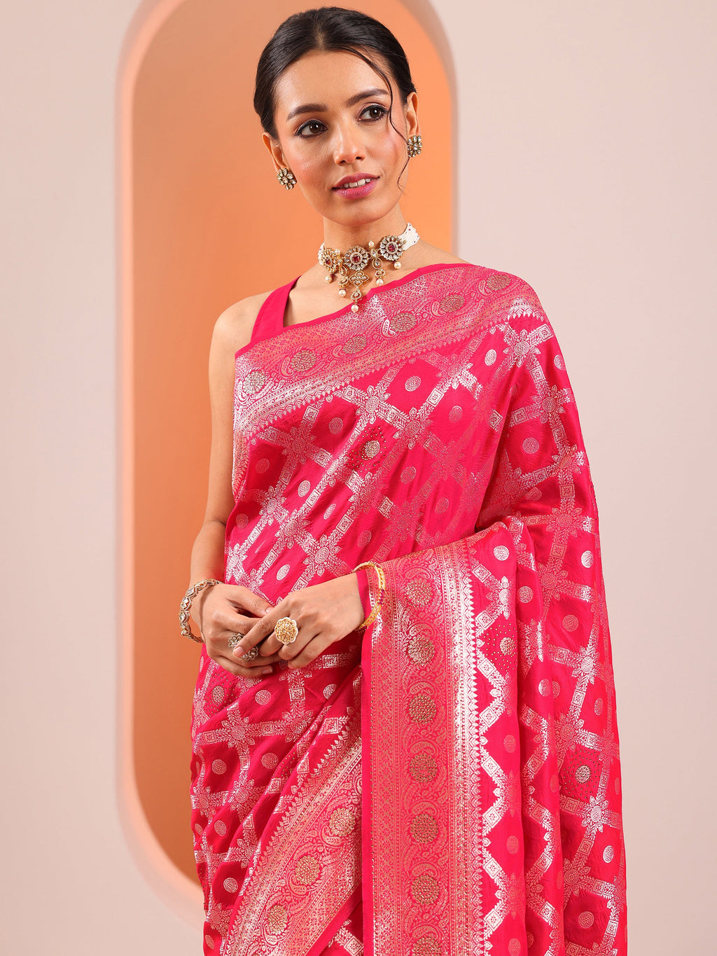 Pink Woven Design Silk Blend Sarees With Unstitched Blouse Piece