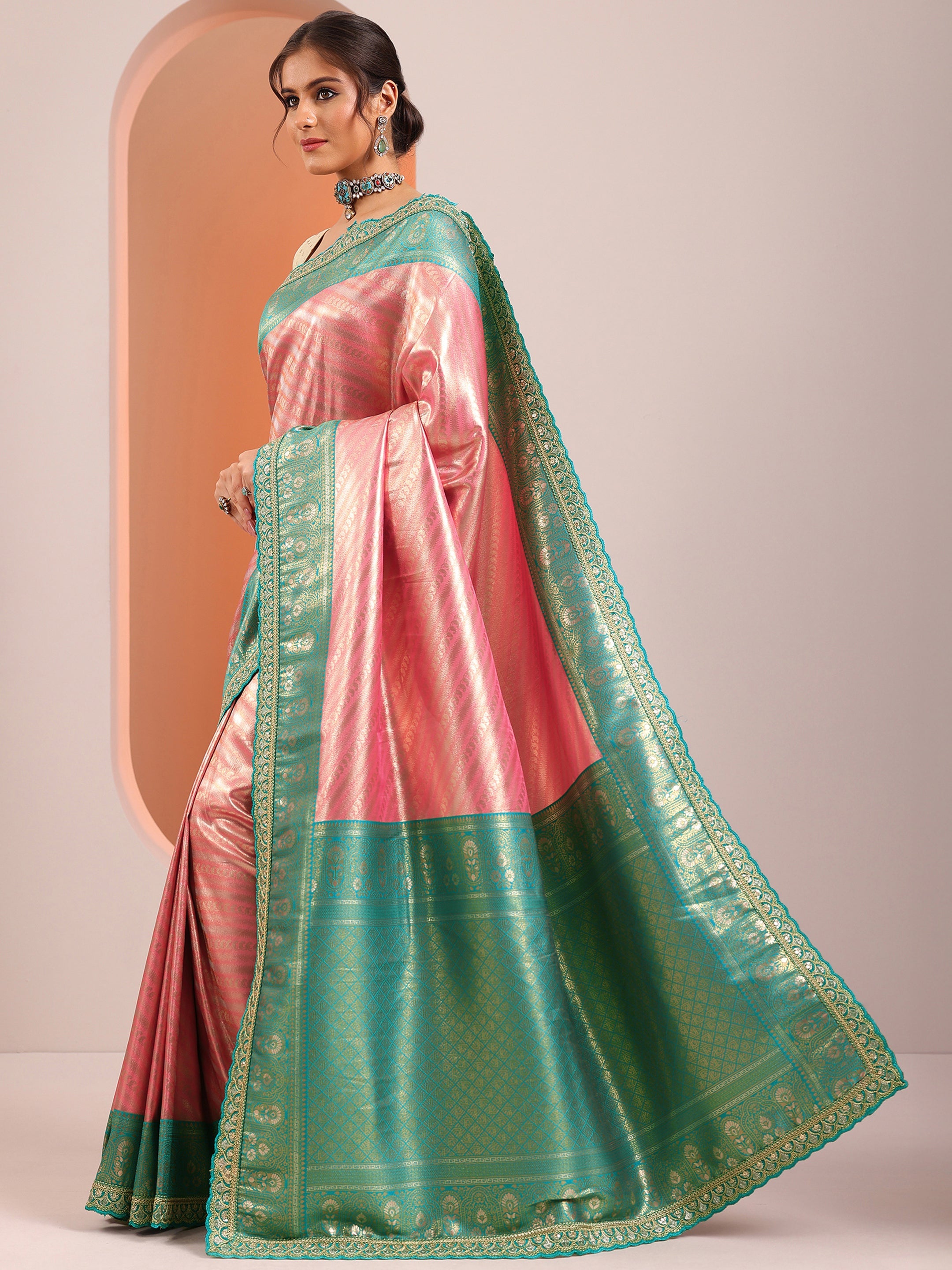 Peach Woven Design Silk Blend Sarees With Unstitched Blouse Piece