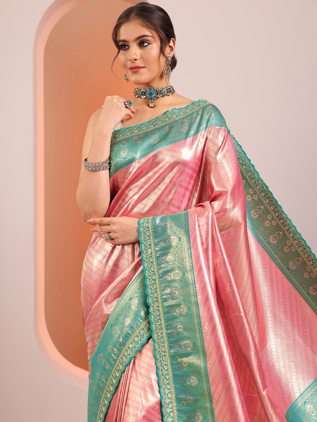 Peach Woven Design Silk Blend Sarees With Unstitched Blouse Piece