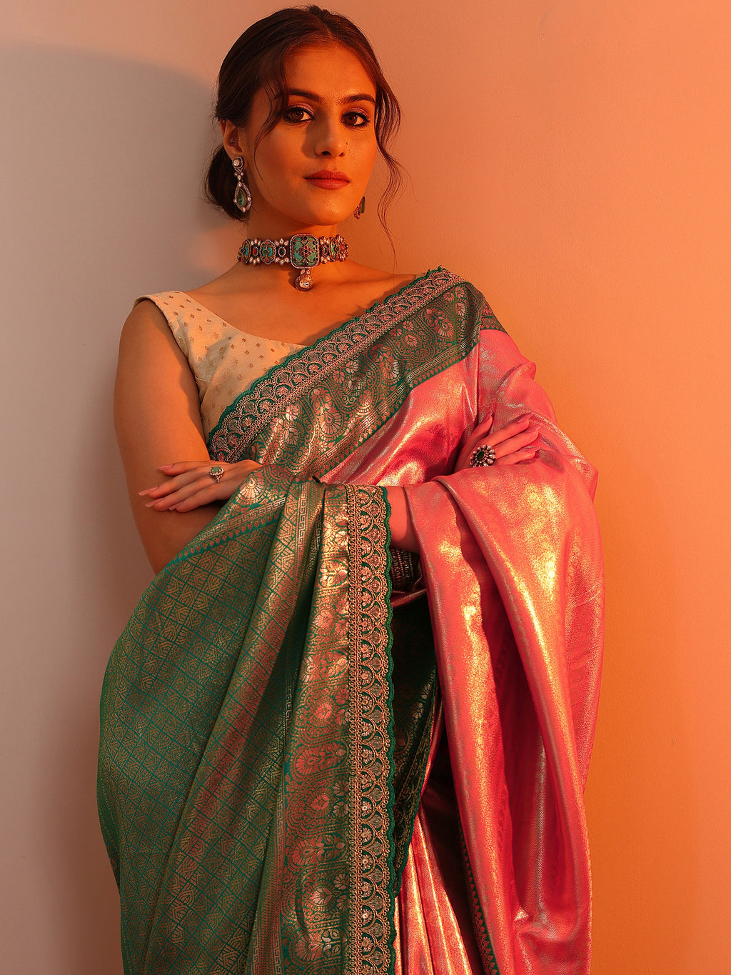Peach Woven Design Silk Blend Sarees With Unstitched Blouse Piece