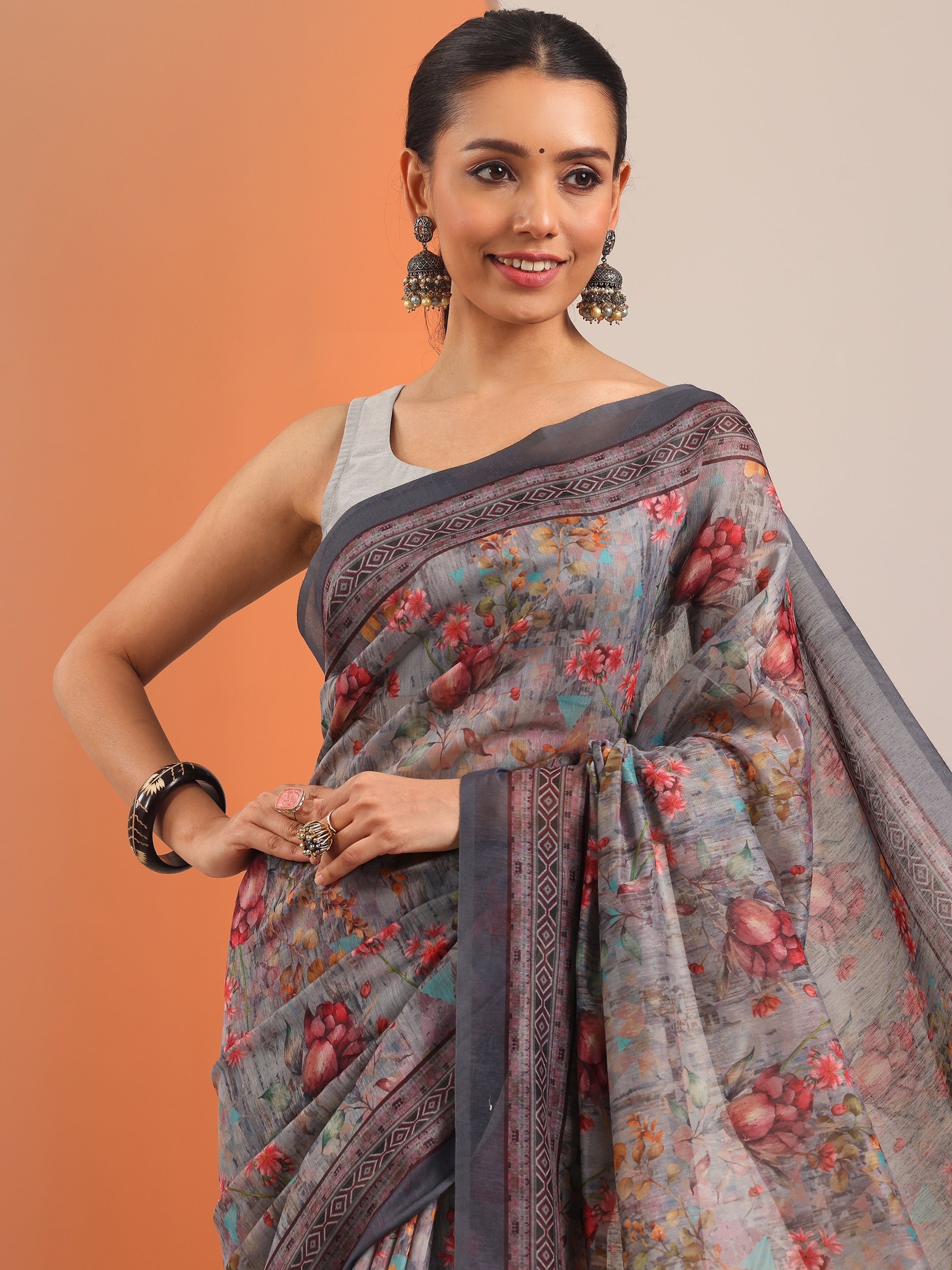 Grey Printed Chanderi Saree With Unstitched Blouse Piece