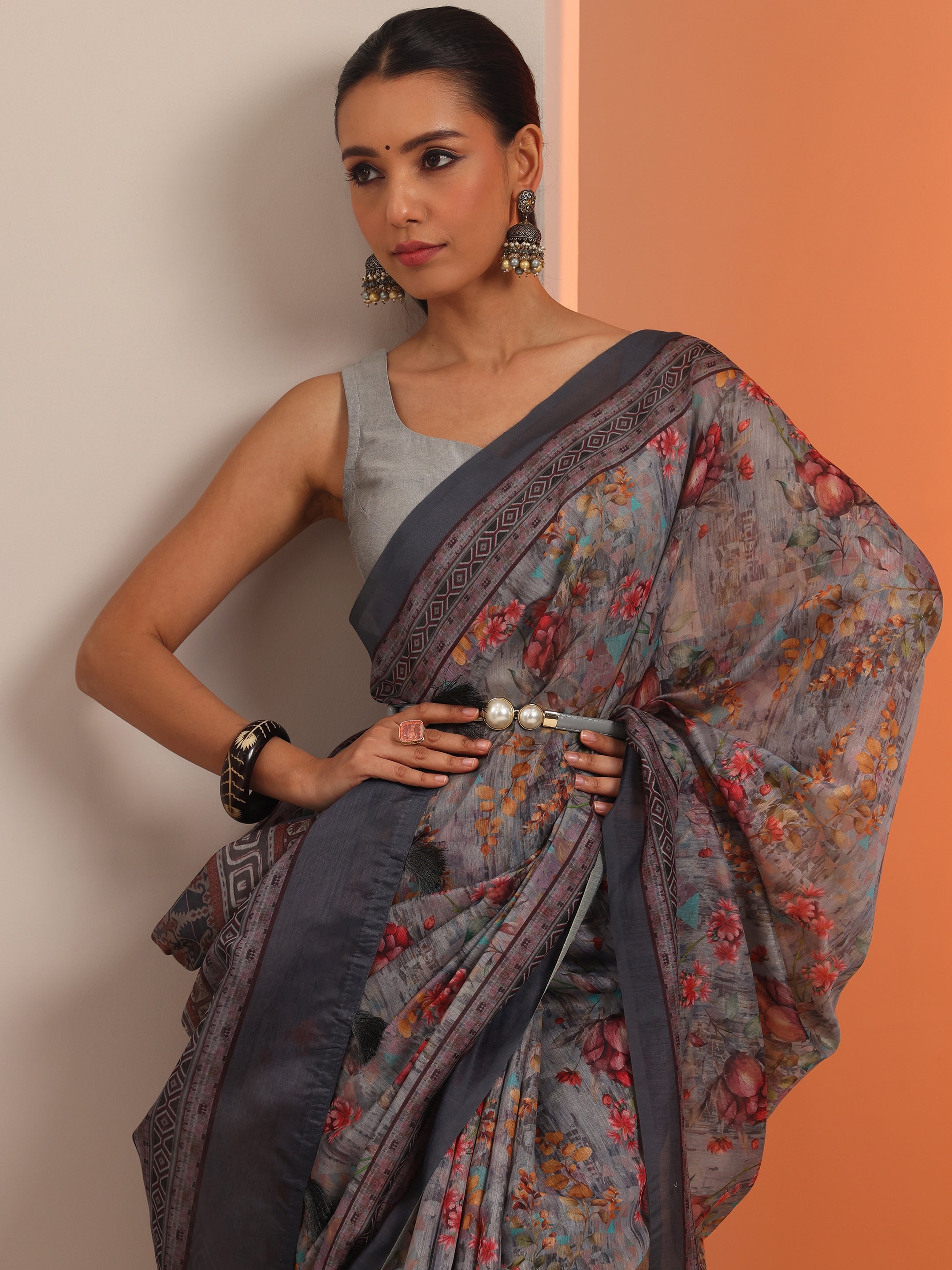 Grey Printed Chanderi Saree With Unstitched Blouse Piece