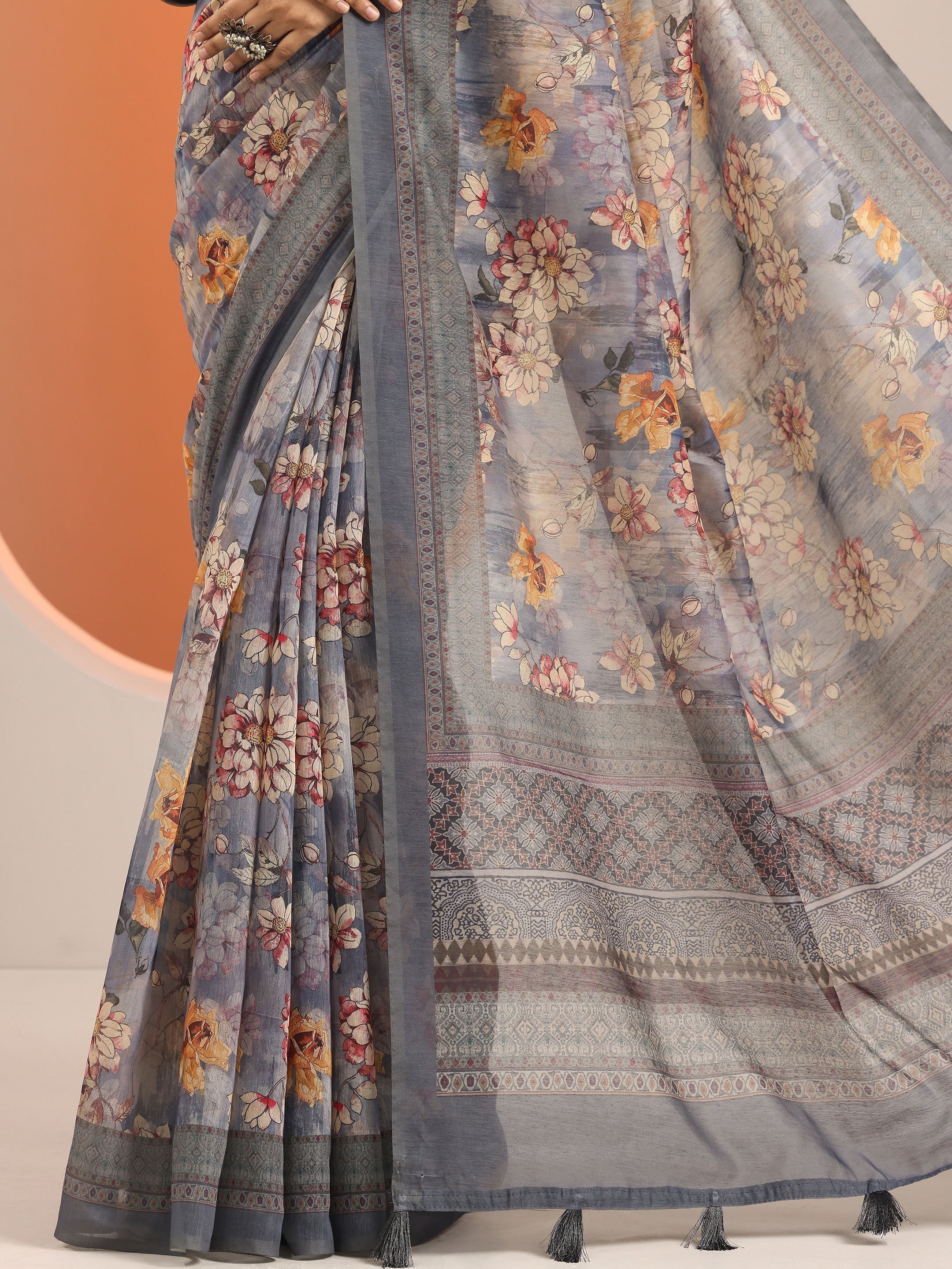 Blue Printed Silk Blend Saree With Unstitched Blouse Piece