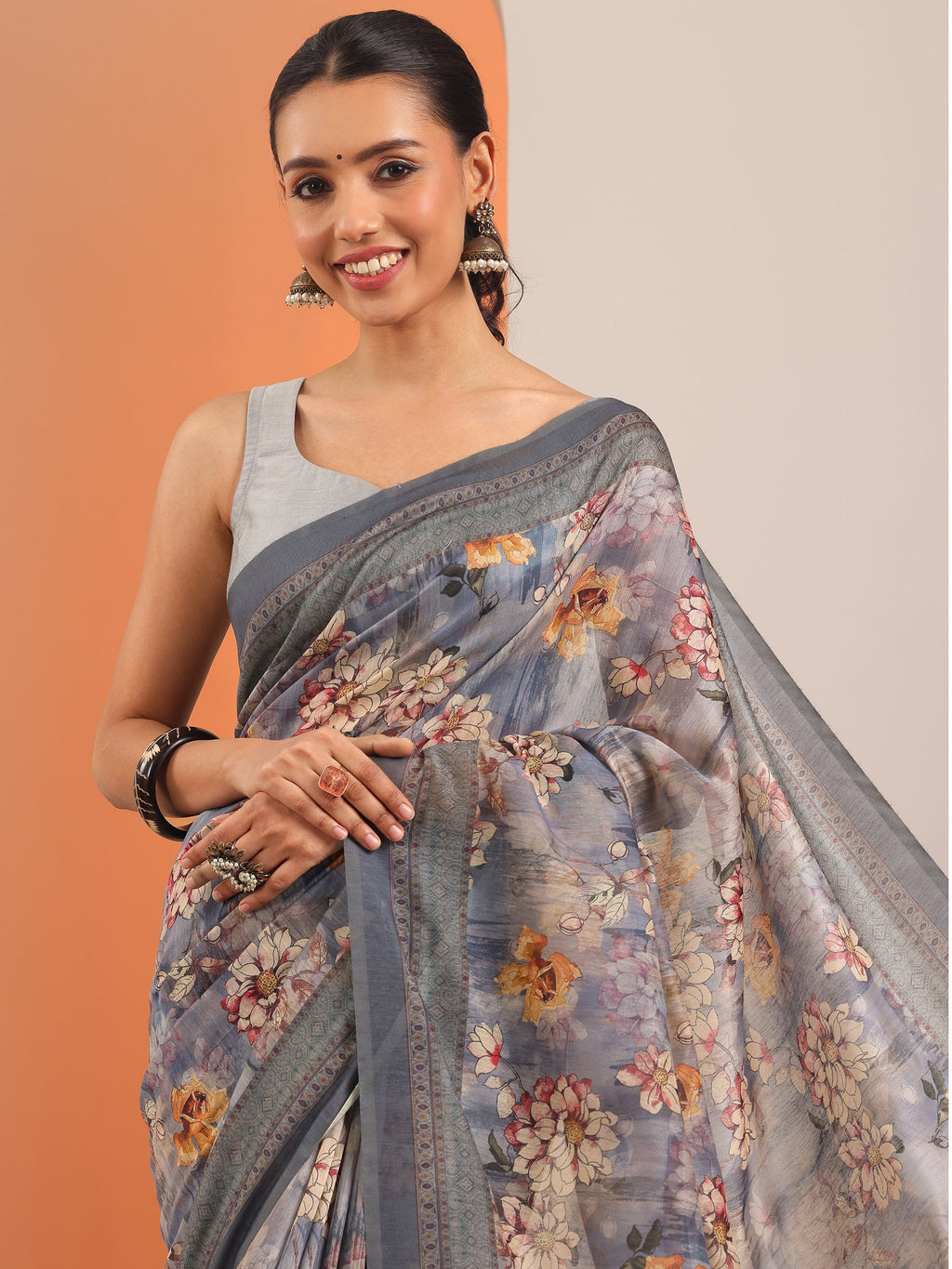 Blue Printed Silk Blend Saree With Unstitched Blouse Piece