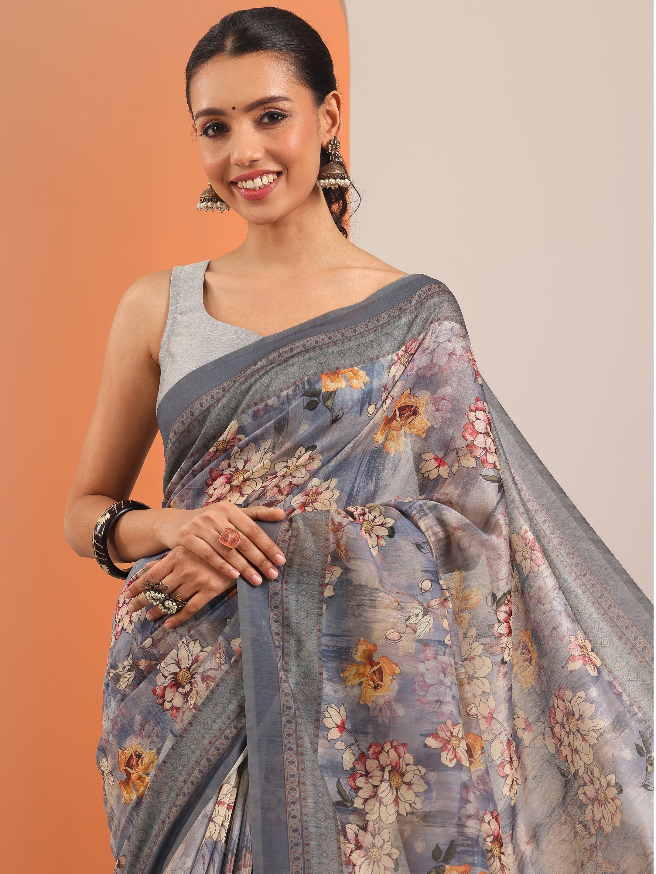 Blue Printed Silk Blend Saree With Unstitched Blouse Piece