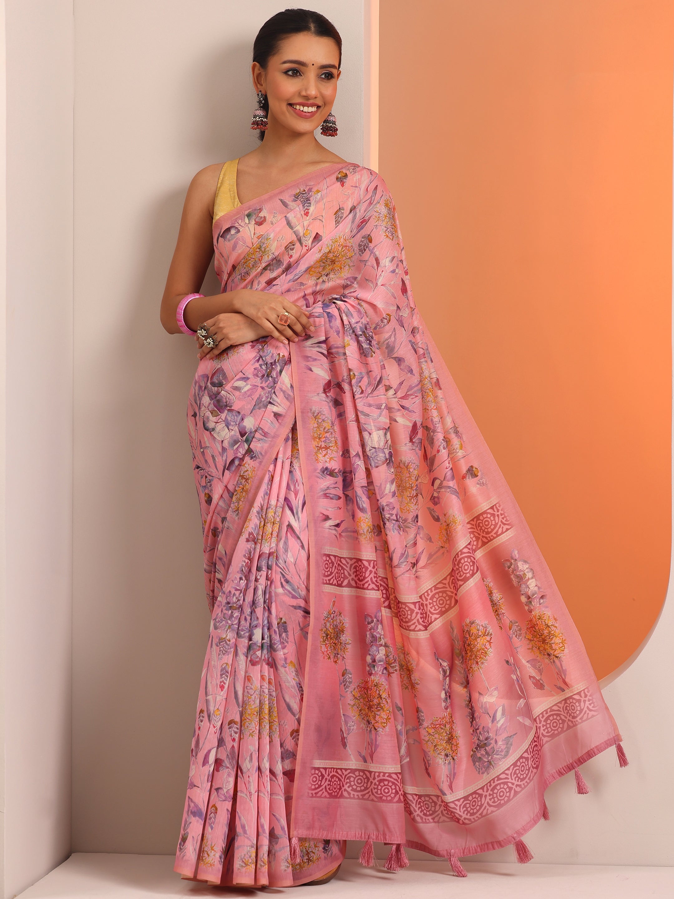 Pink Printed Silk Blend Saree With Unstitched Blouse Piece