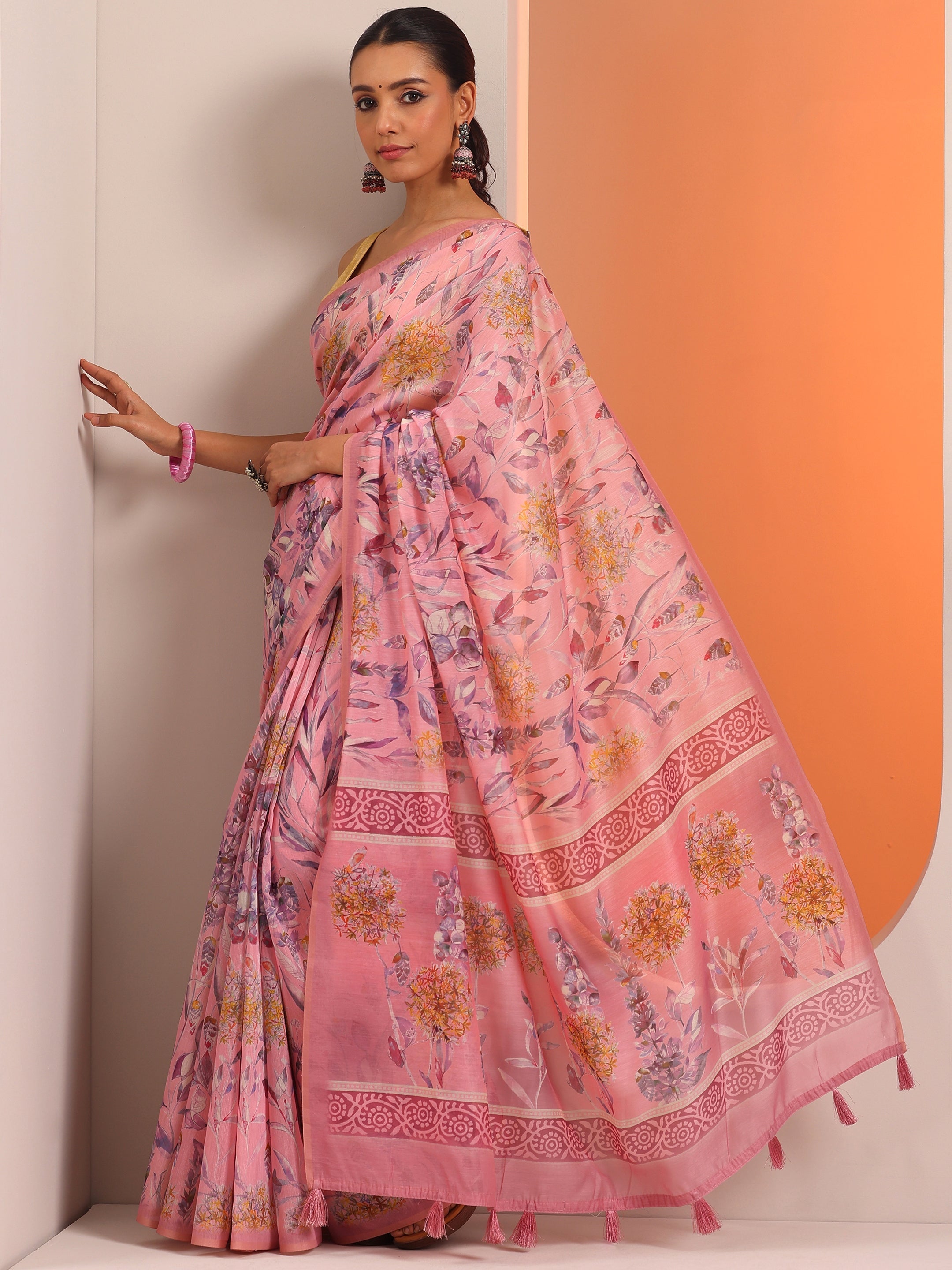 Pink Printed Silk Blend Saree With Unstitched Blouse Piece