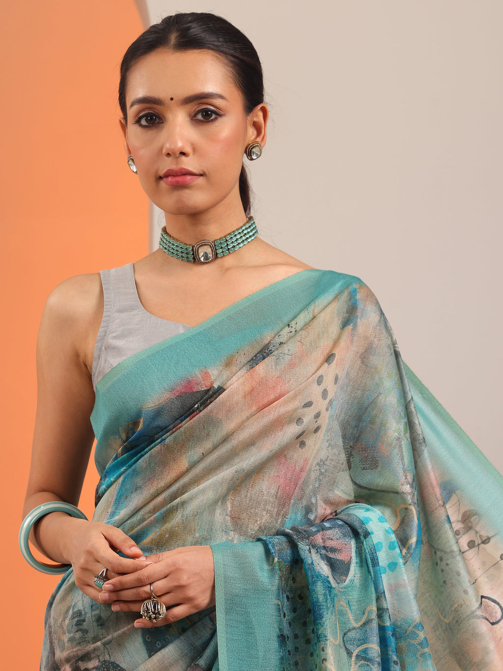 Blue Printed Silk Blend Saree With Unstitched Blouse Piece