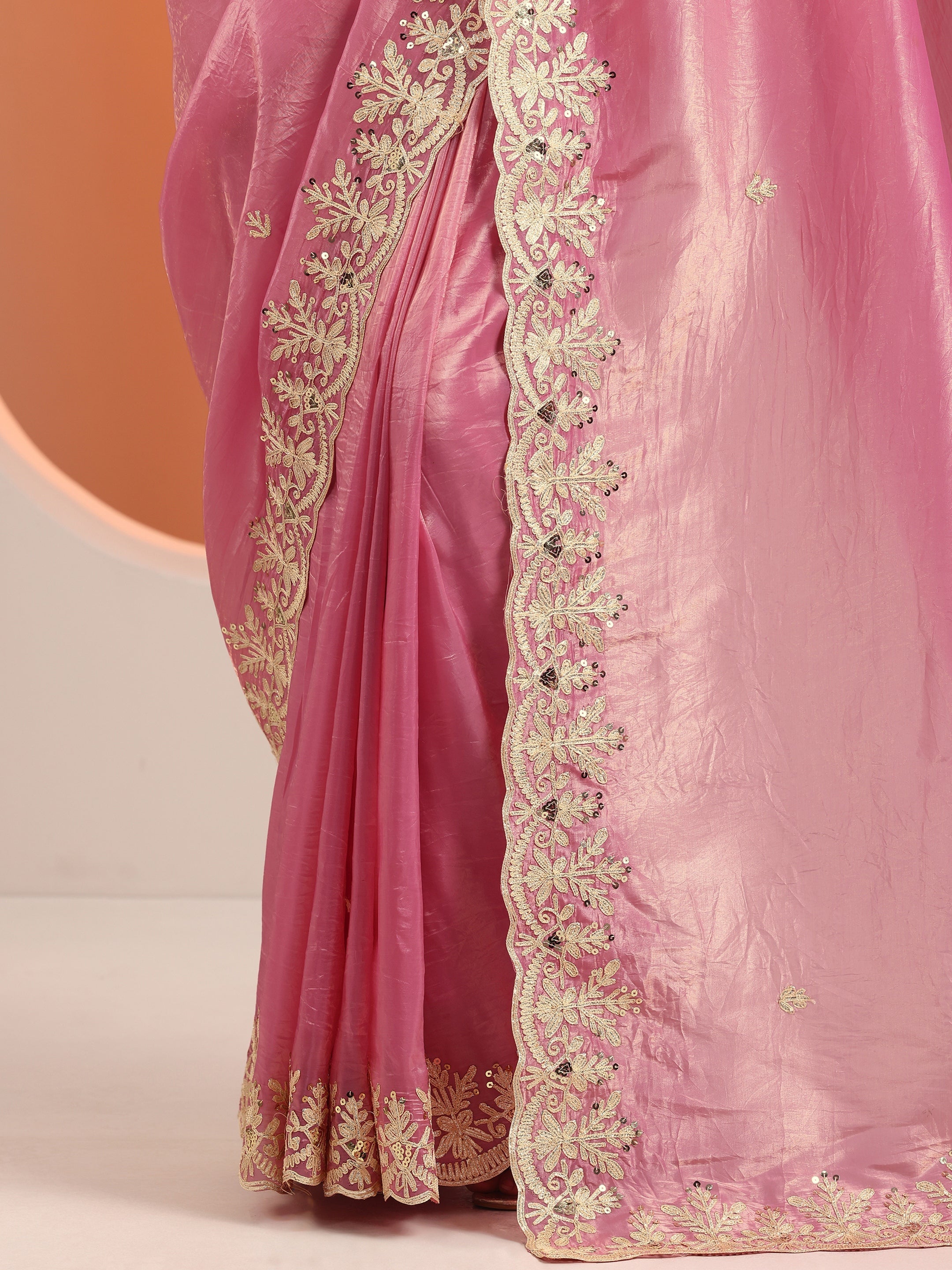 Pink Embroidered Organza Saree With Unstitched Blouse Piece