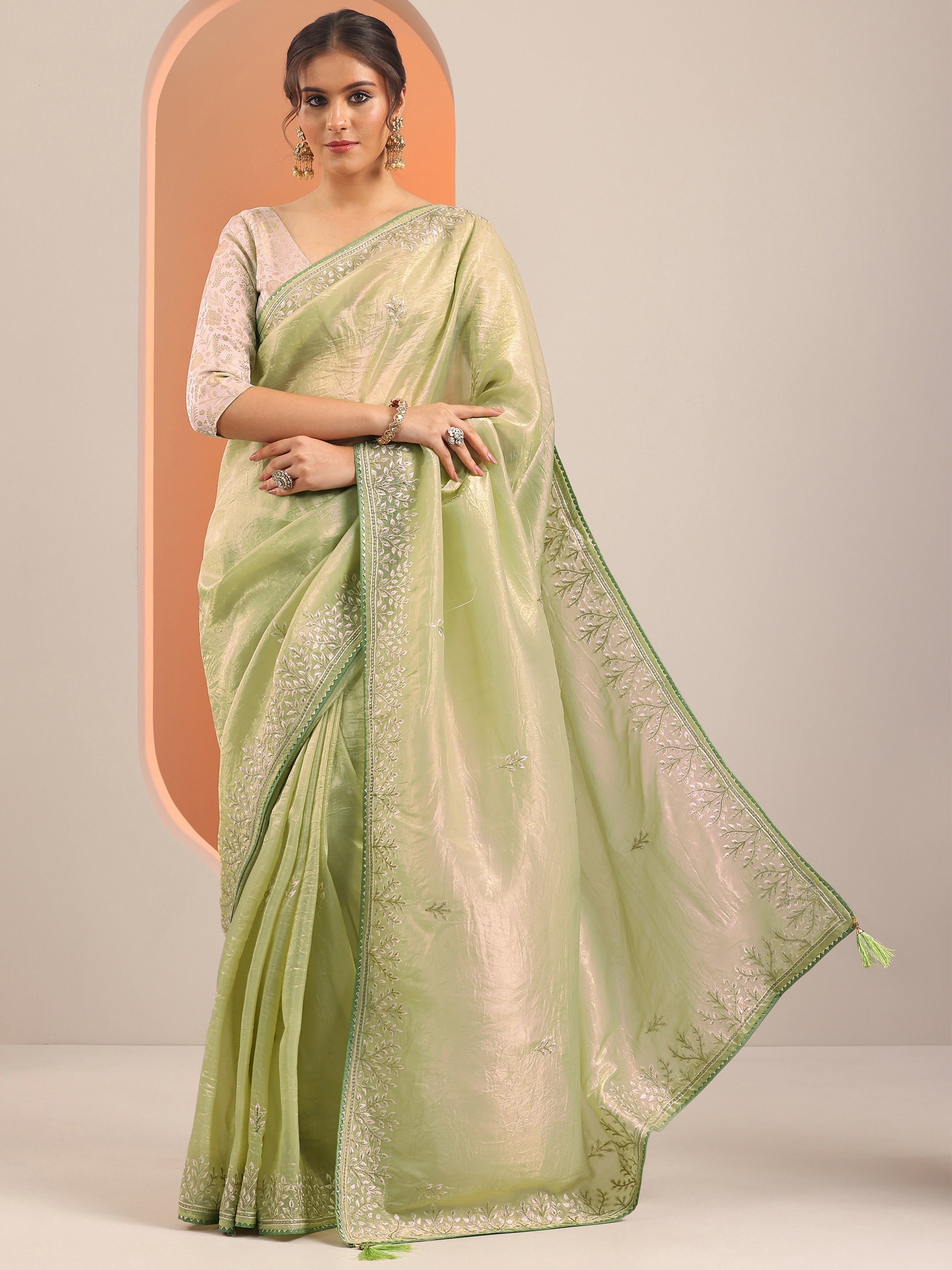 Green Embroidered Jimmy Choo Organza Saree With Unstitched Blouse Piece