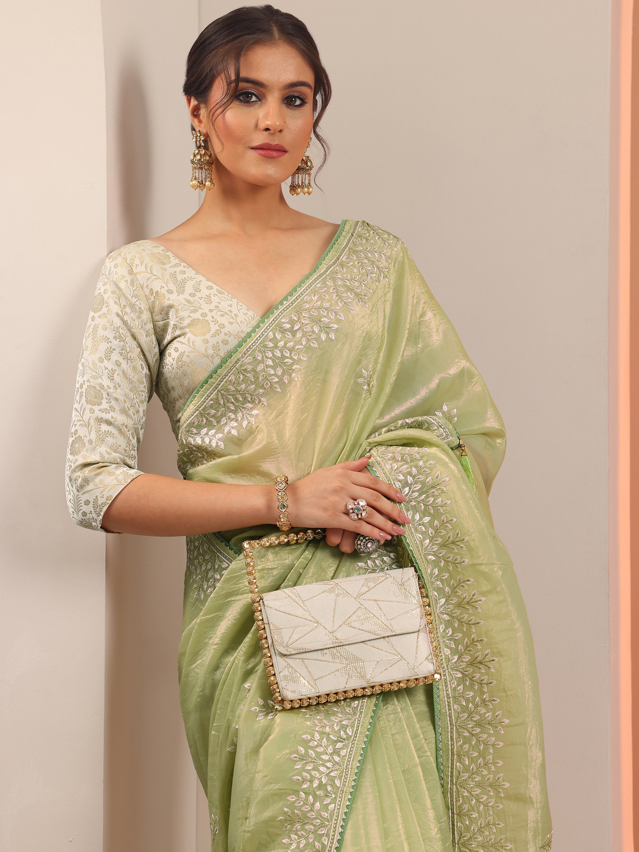 Green Embroidered Jimmy Choo Organza Saree With Unstitched Blouse Piece