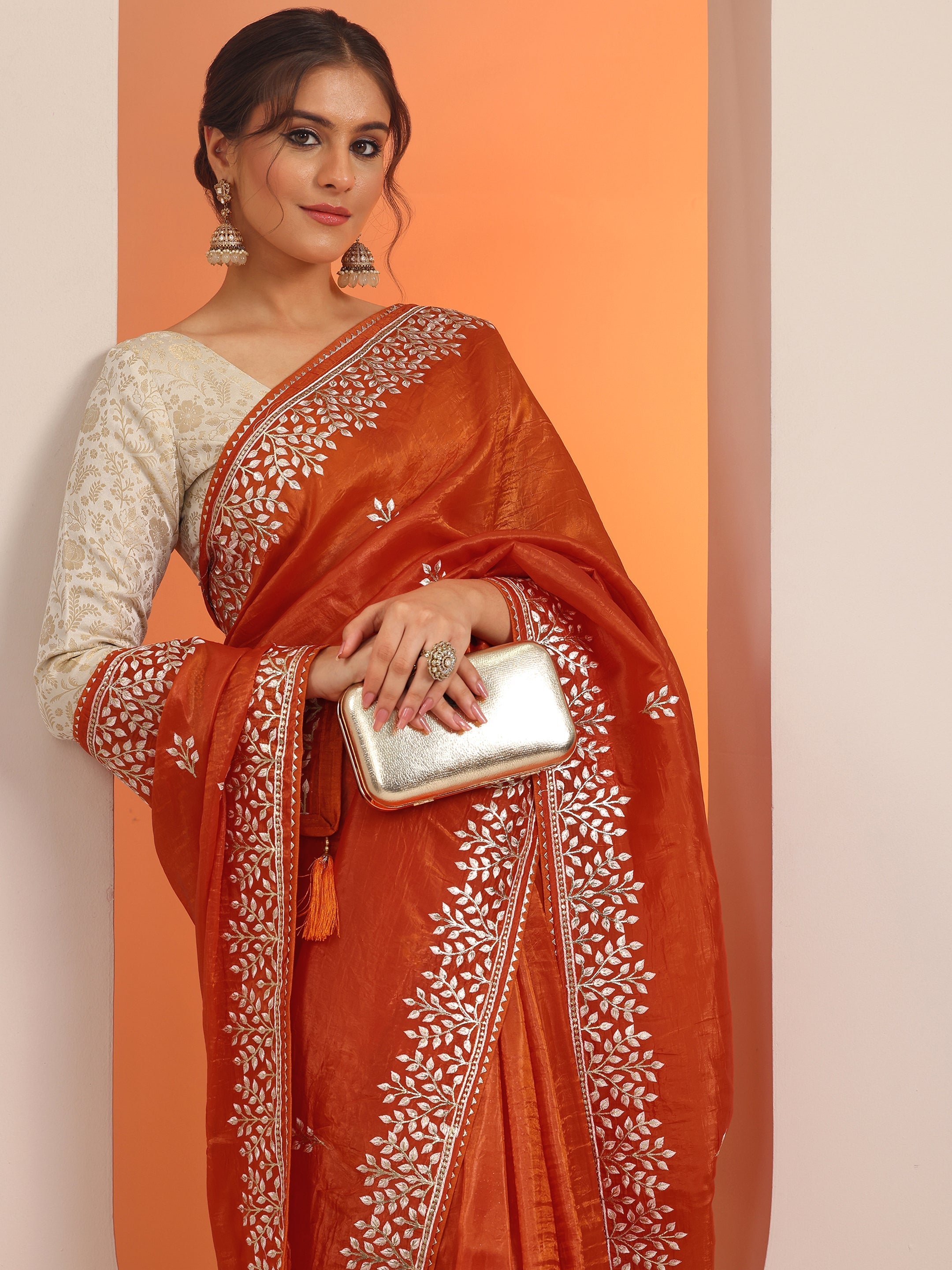 Orange Embroidered Organza Saree With Unstitched Blouse Piece