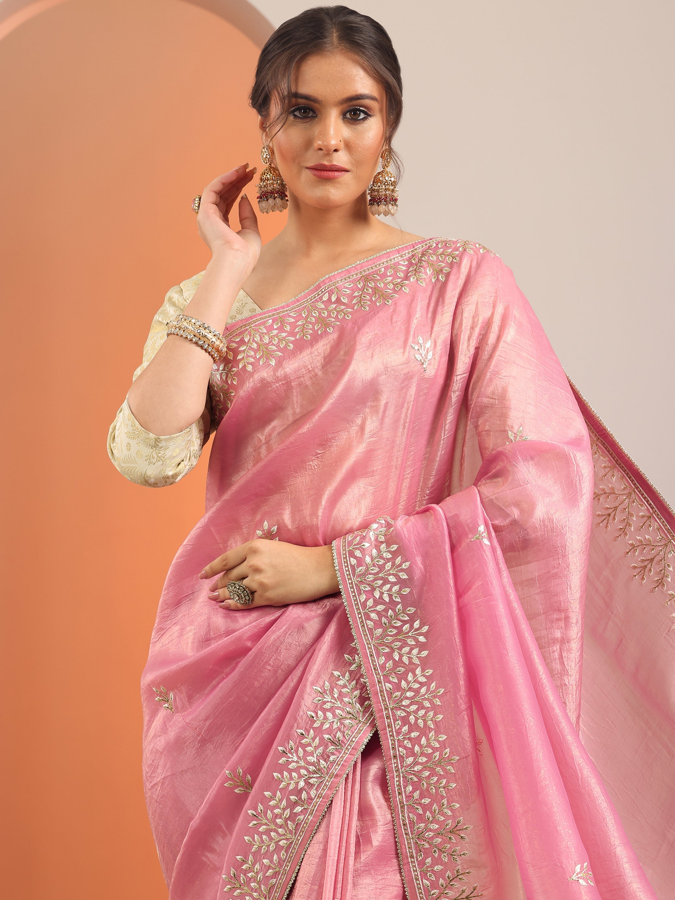 Pink Embroidered Organza Saree With Unstitched Blouse Piece
