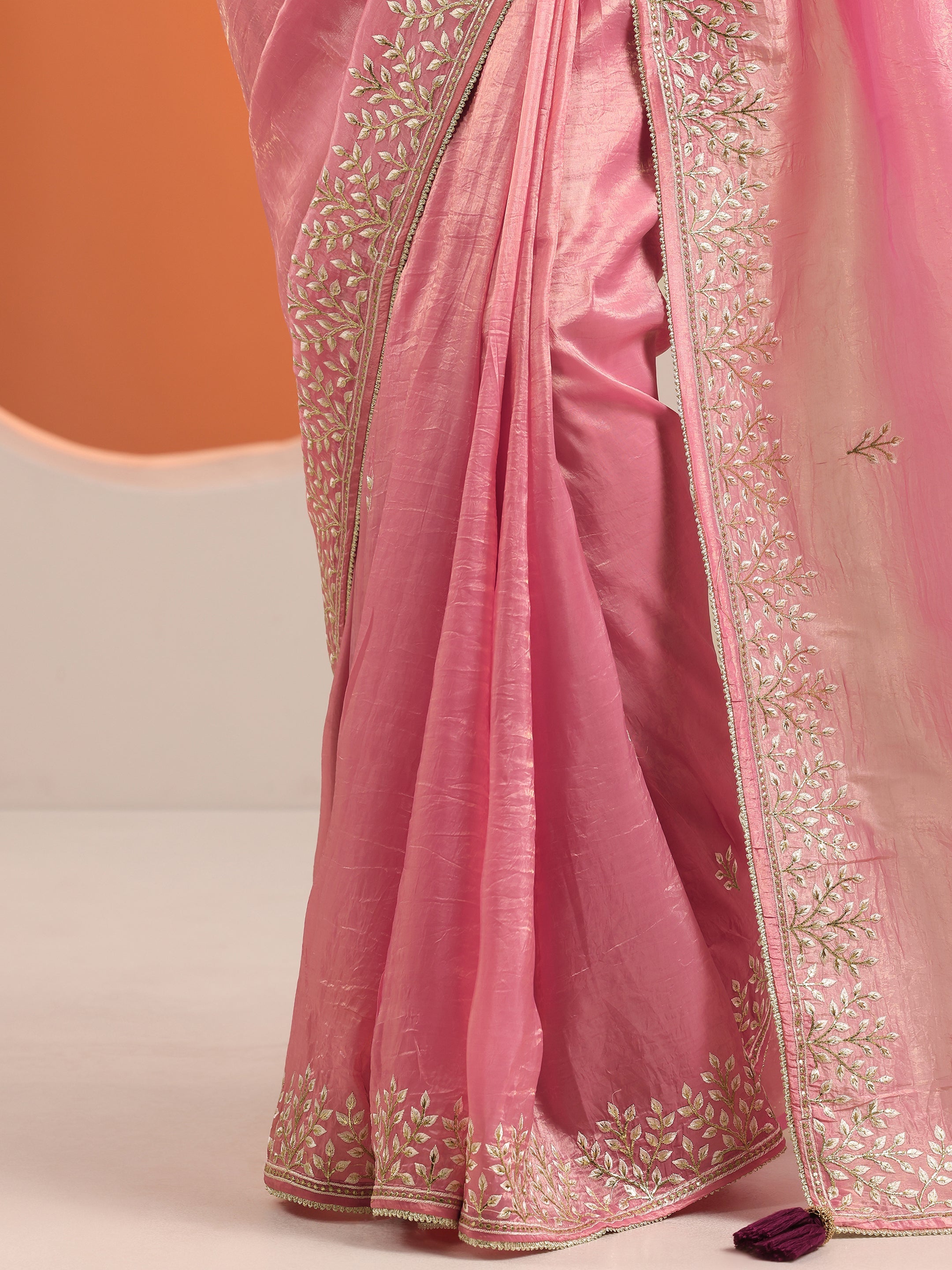 Pink Embroidered Organza Saree With Unstitched Blouse Piece