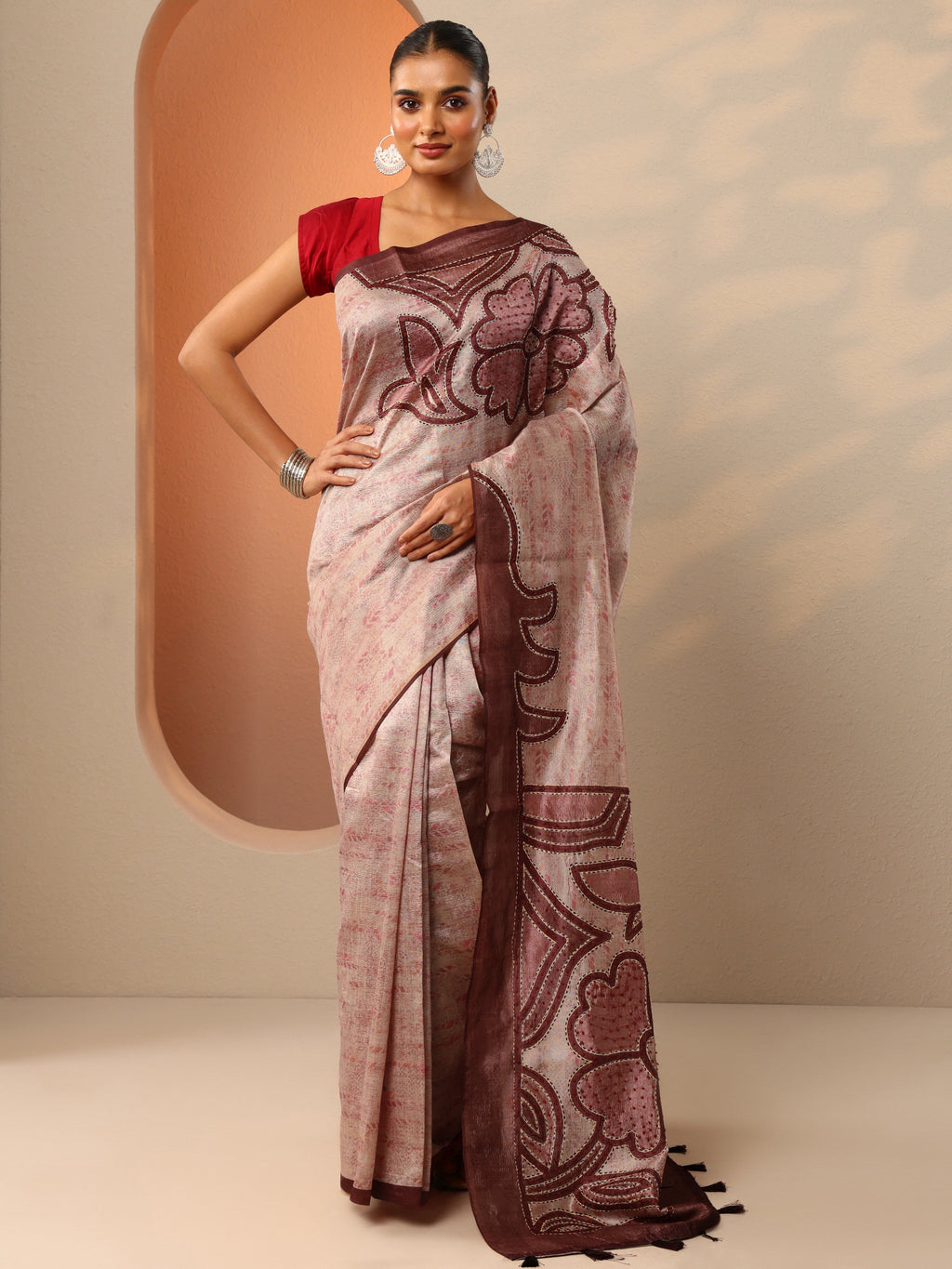 Brown Embellished Silk Blend Saree With Unstitched Blouse Piece