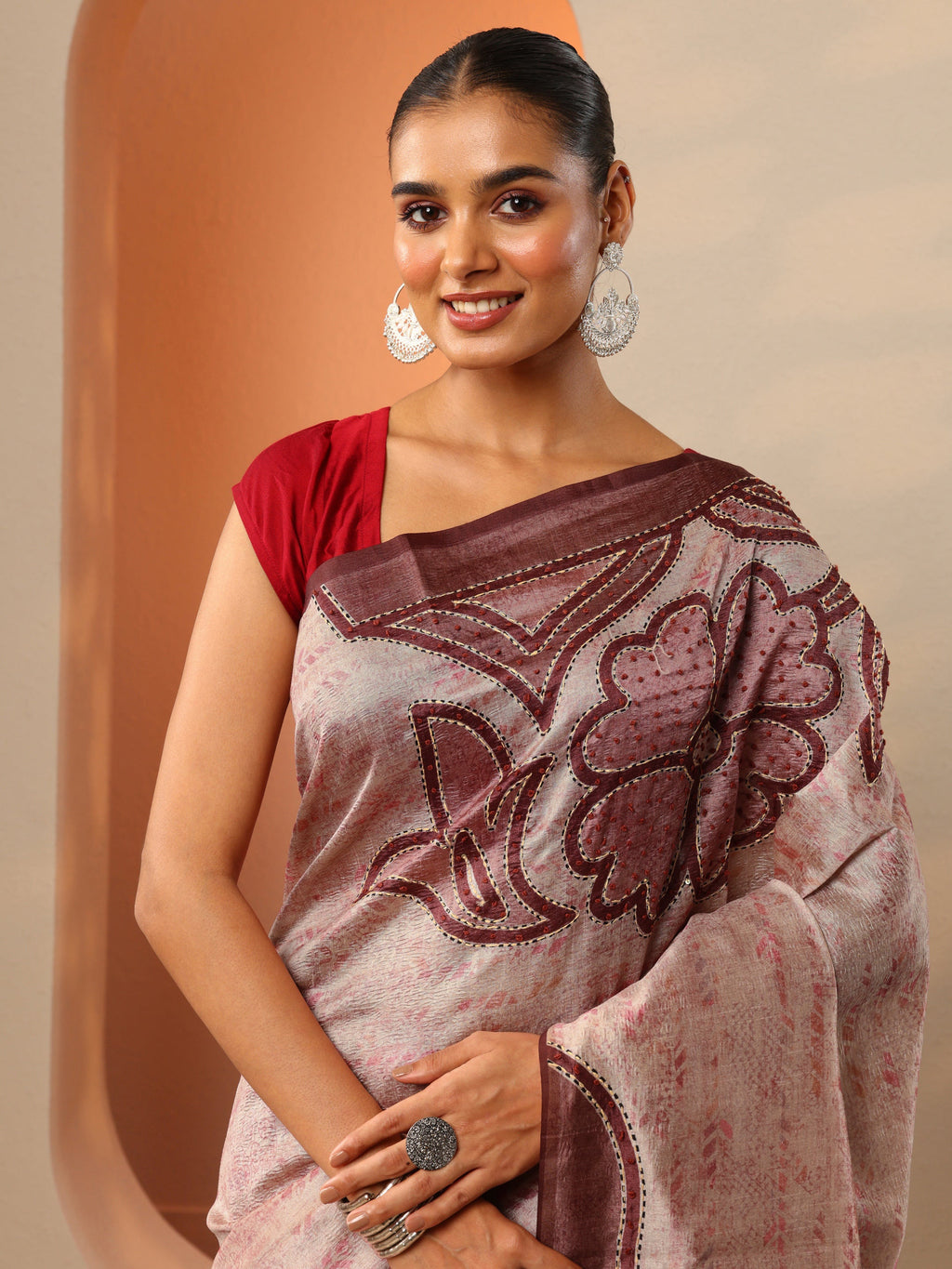 Brown Embellished Silk Blend Saree With Unstitched Blouse Piece