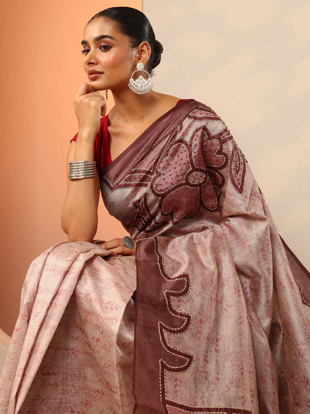 Brown Embellished Silk Blend Saree With Unstitched Blouse Piece