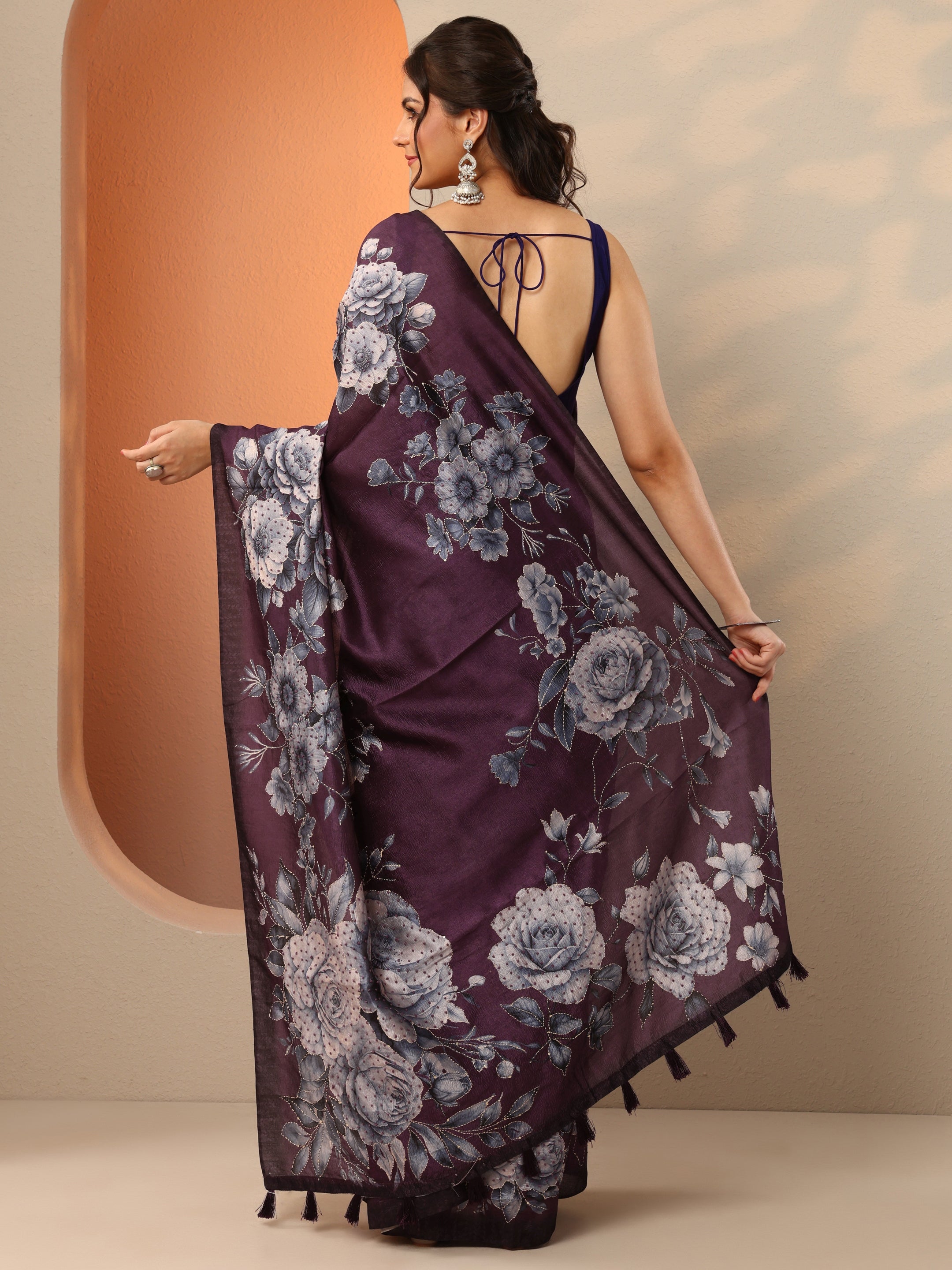 Burgundy Embellished Silk Blend Saree With Unstitched Blouse Piece