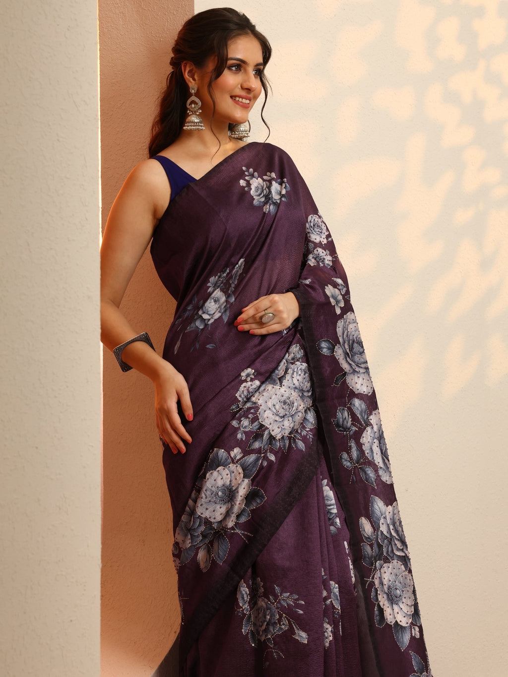 Burgundy Embellished Silk Blend Saree With Unstitched Blouse Piece