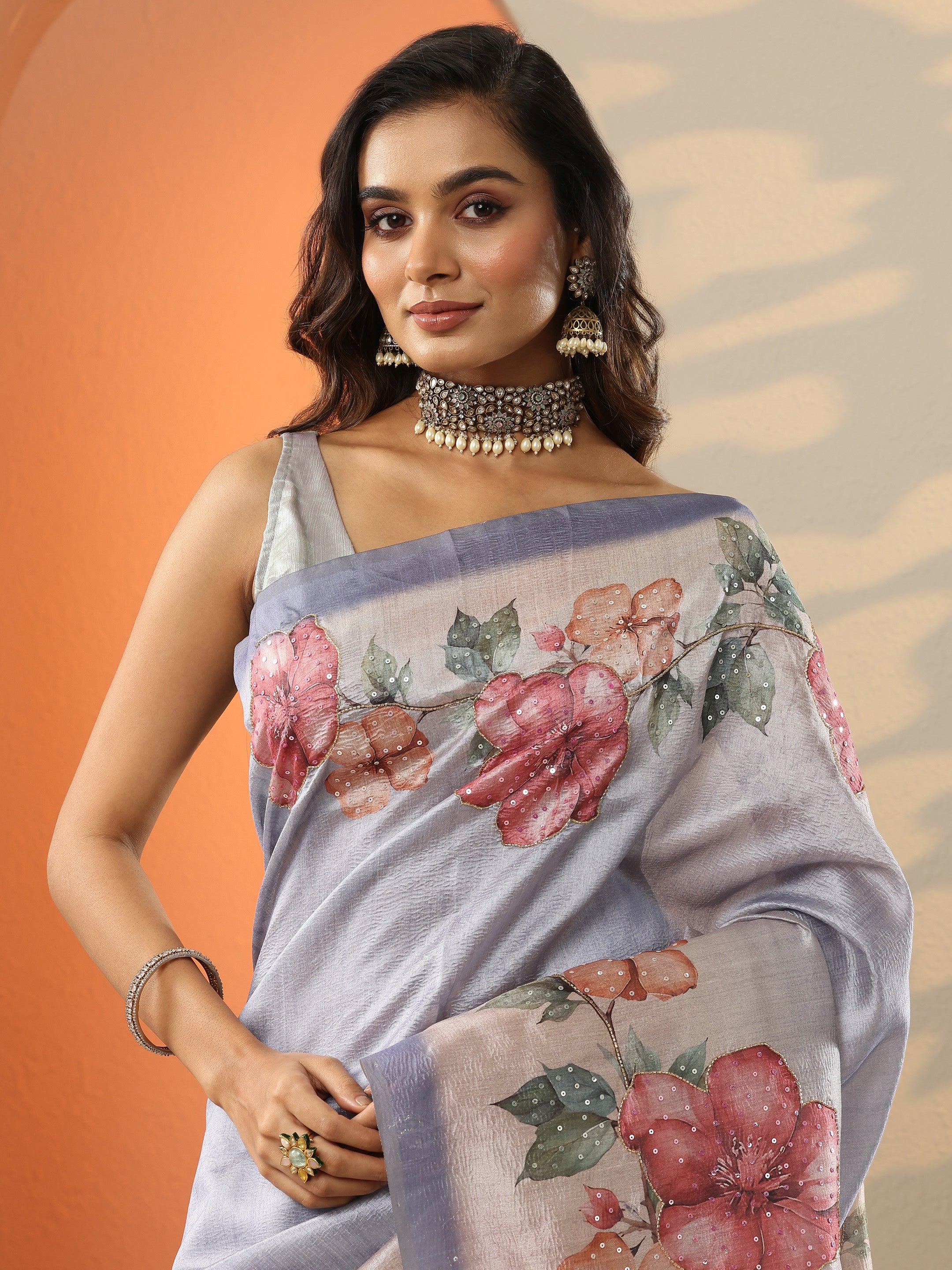 Lavender Embellished Silk Blend Saree With Unstitched Blouse Piece