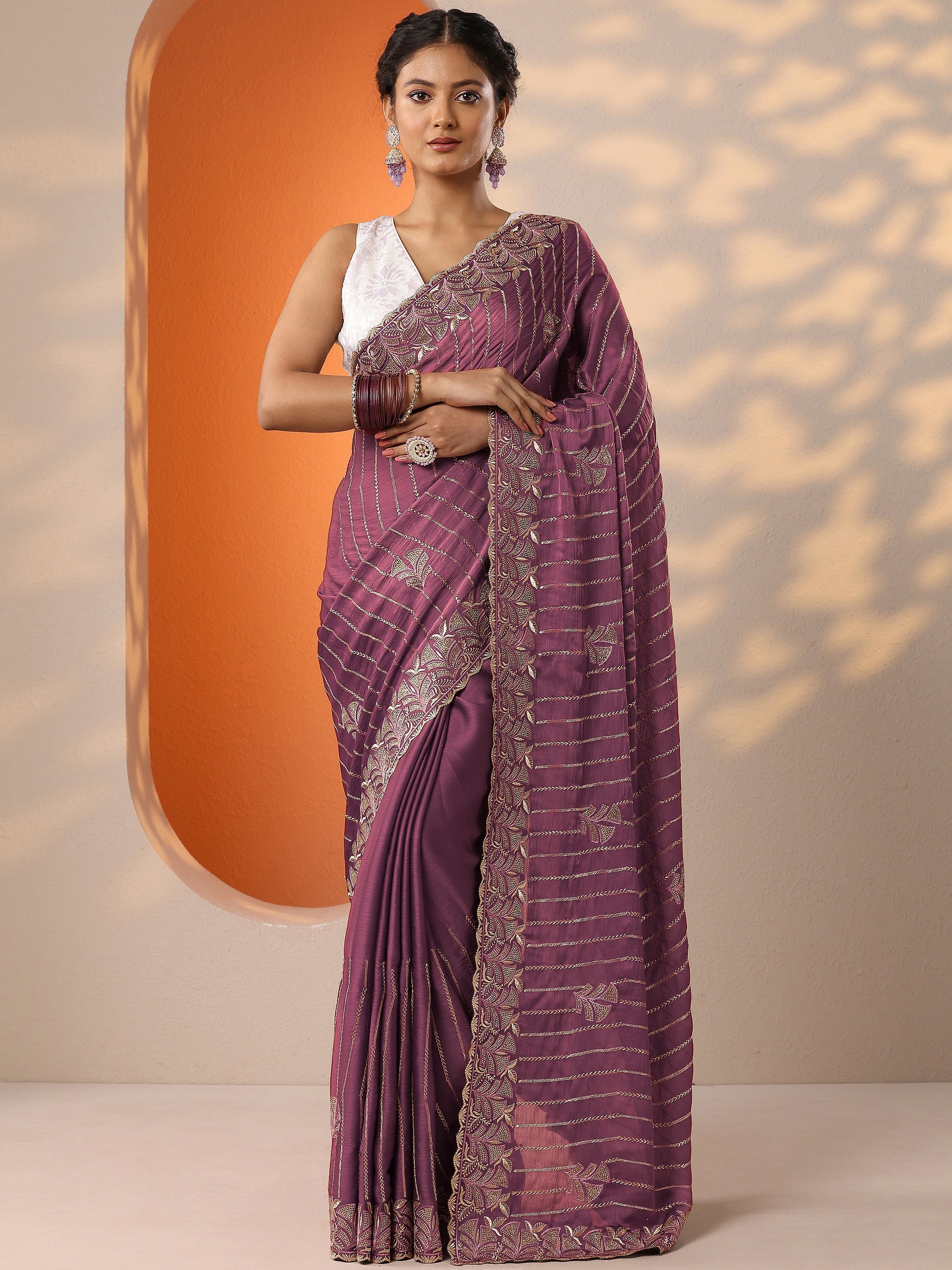 Mauve Embellished Chinon Saree With Unstitched Blouse Piece