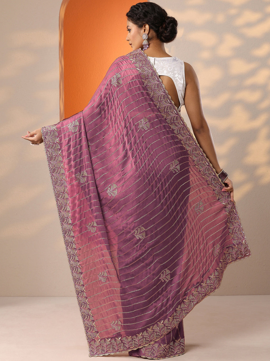Mauve Embellished Chinon Saree With Unstitched Blouse Piece