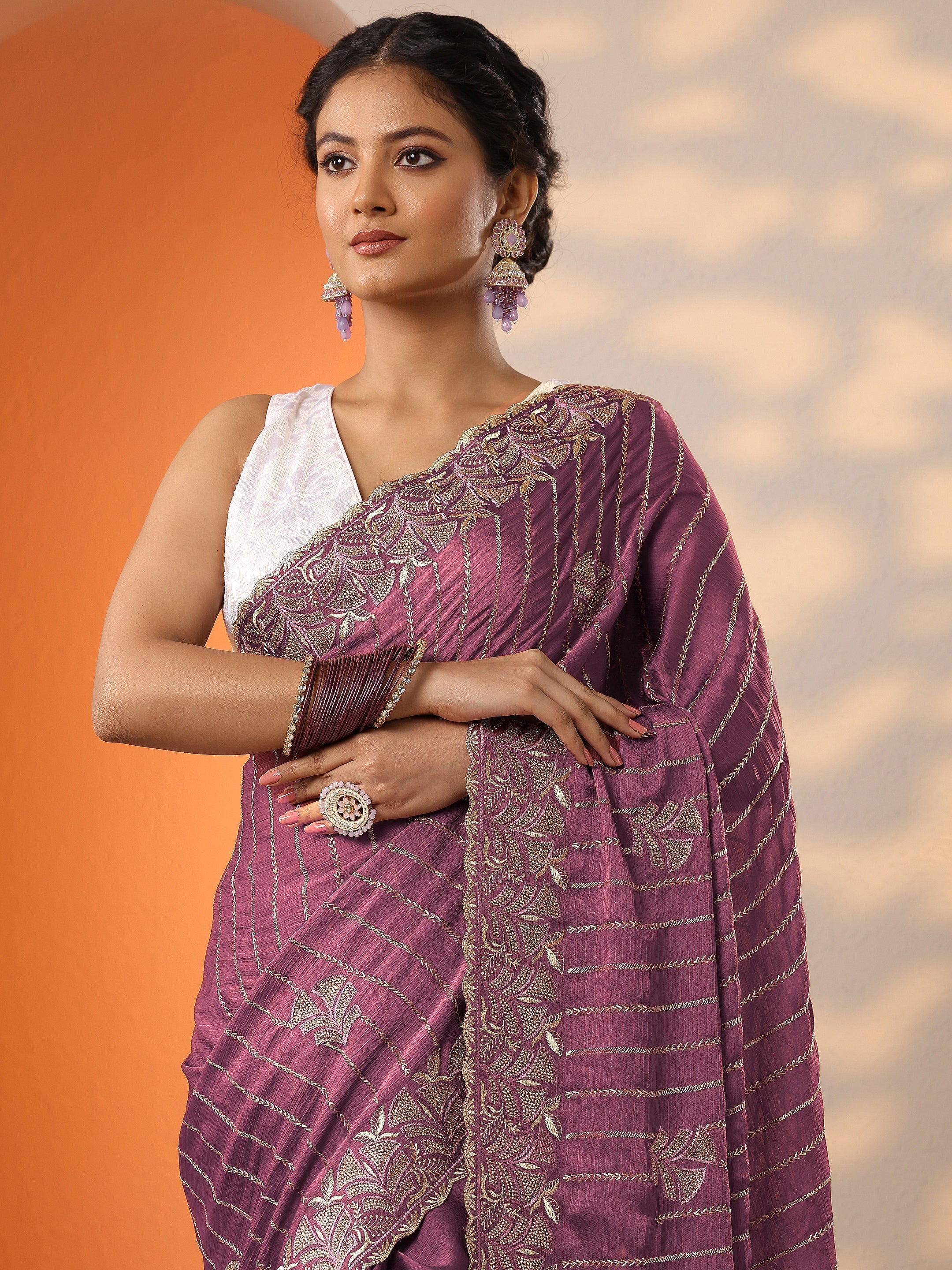 Mauve Embellished Chinon Saree With Unstitched Blouse Piece